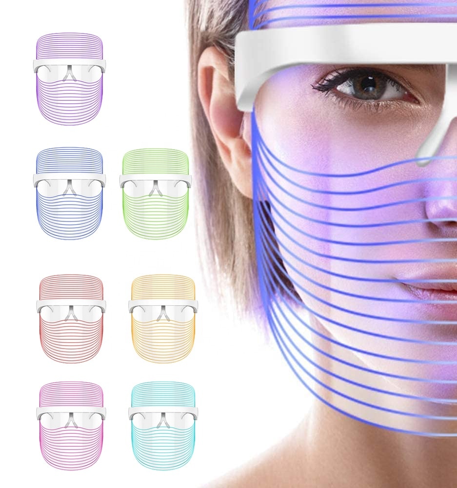 7 Colors LED Light Therapy Facial Mask designed for anti-aging and wrinkle reduction, featuring a sleek white design with multiple LED lights.