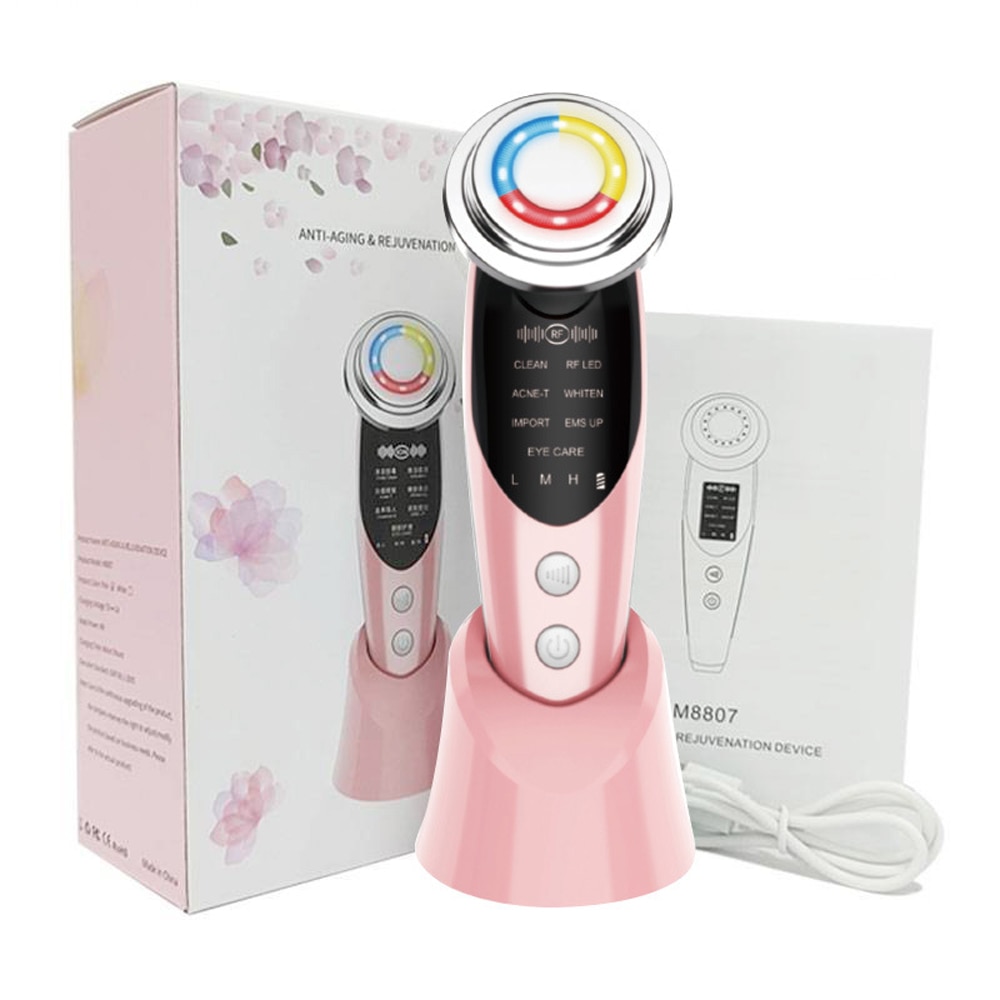 7 in 1 Face Massager in pink and white, showcasing its sleek design and multifunctional features for skin rejuvenation.