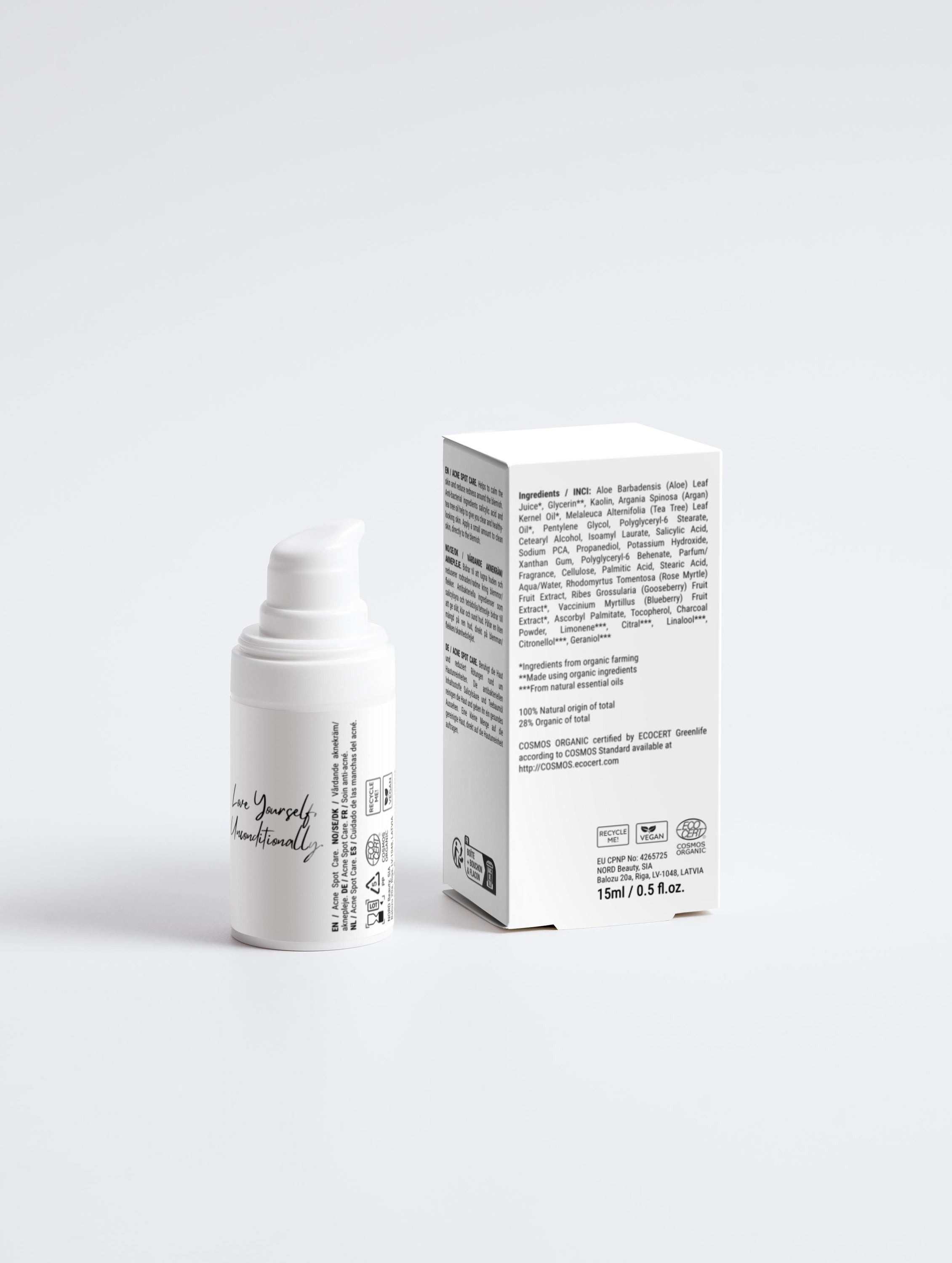 Acne Spot Care Serum bottle with a dropper, featuring a clean and modern design, showcasing its natural ingredients.