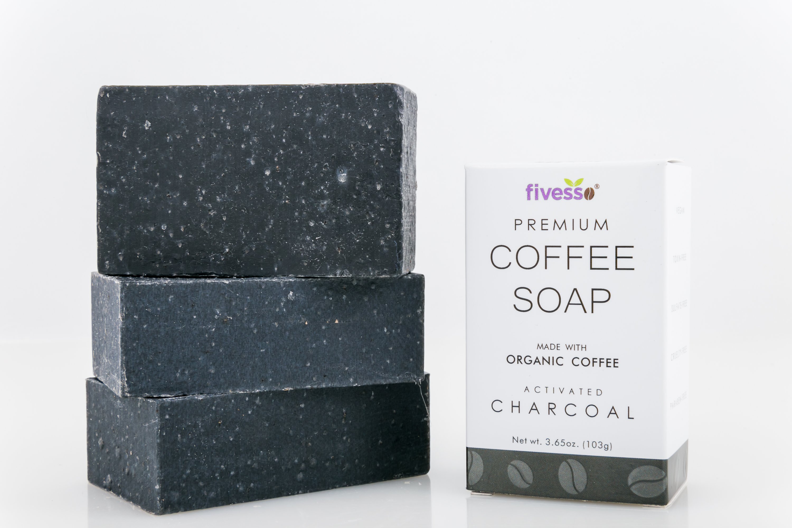 Three premium Activated Charcoal Coffee Soap Bars, showcasing their rich texture and natural ingredients, perfect for exfoliating and cleansing skin.