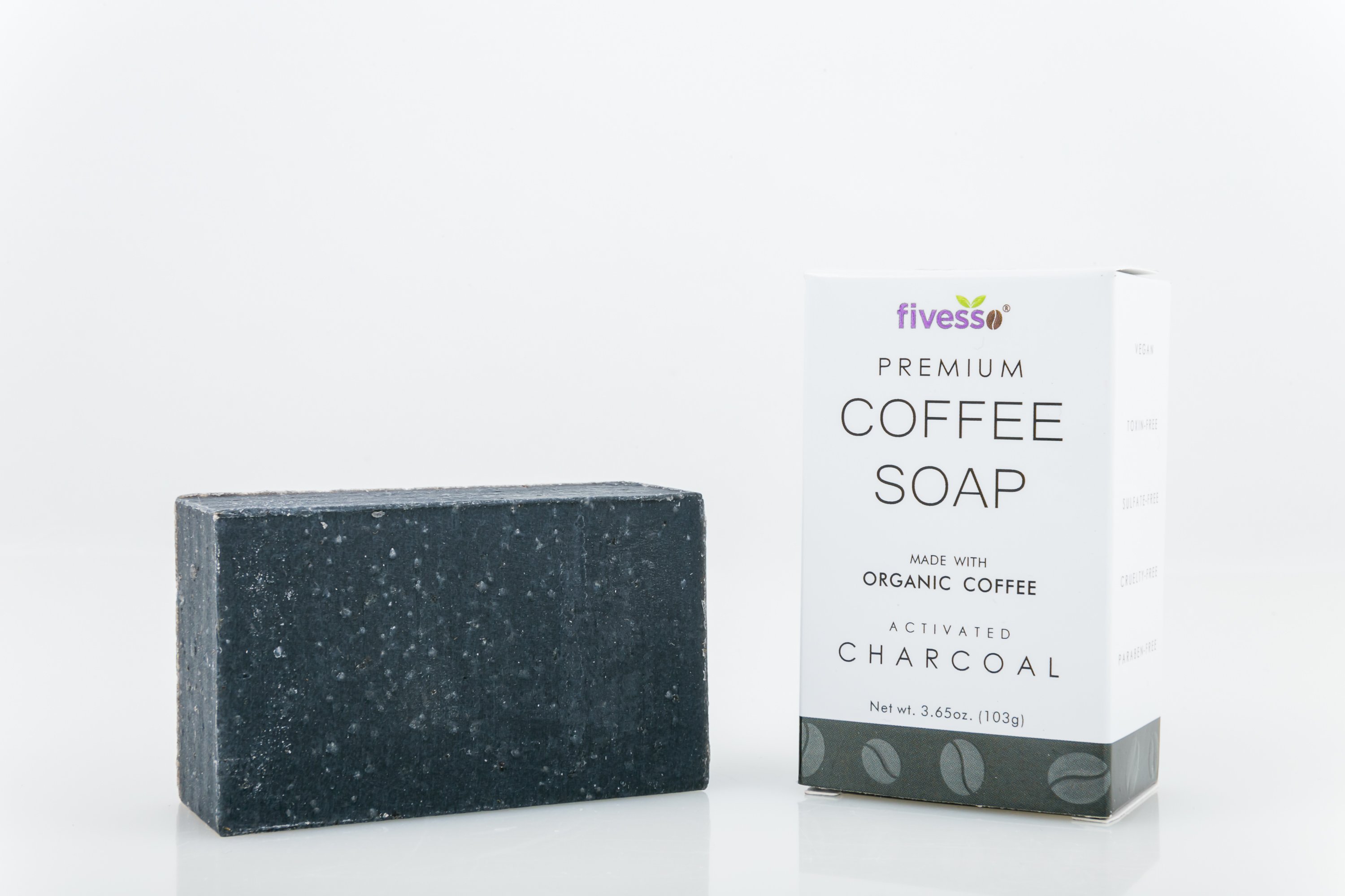 Fivesso Activated Charcoal Premium Coffee Soap Bar, showcasing its rich texture and organic ingredients, perfect for deep cleansing and exfoliation.