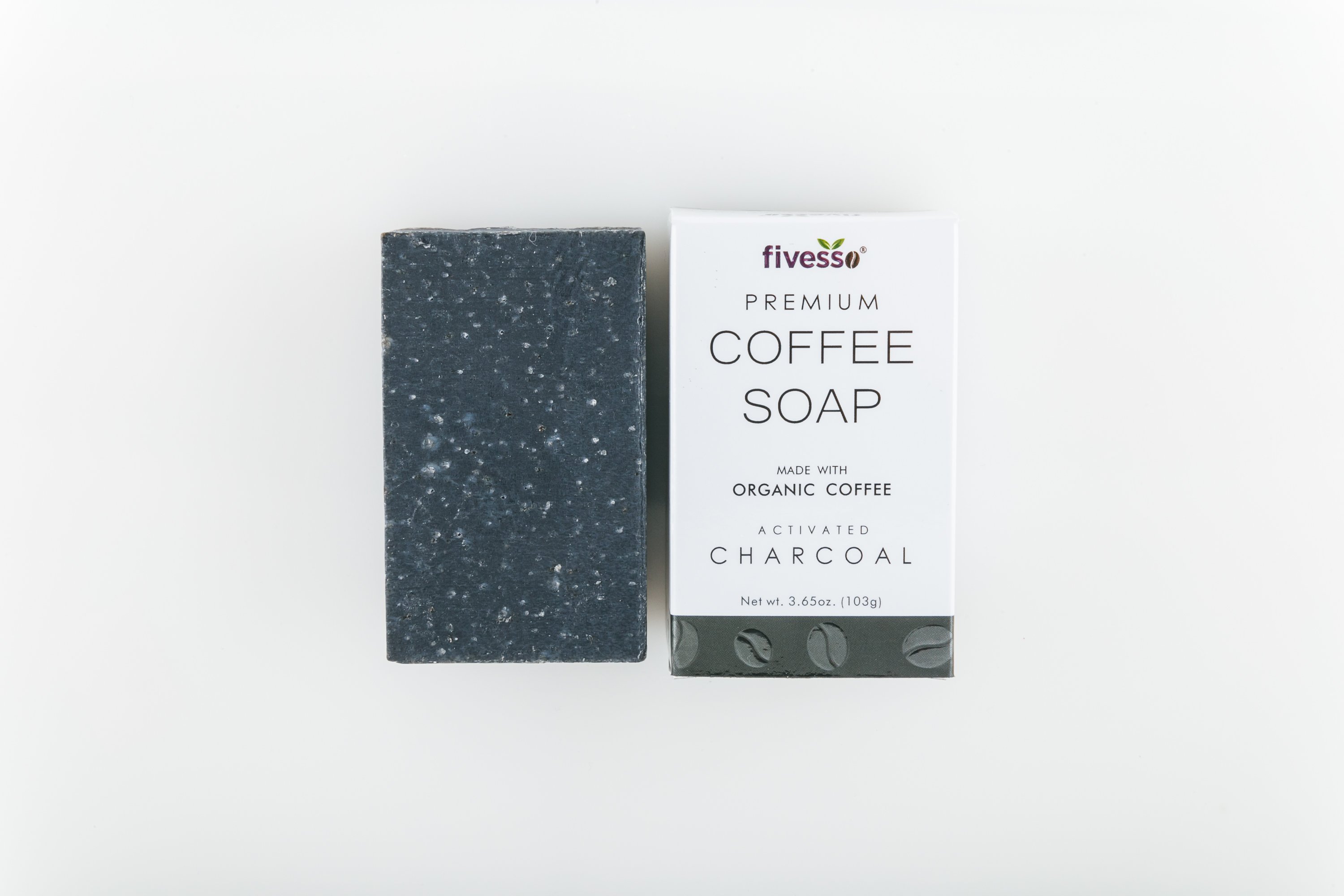 Fivesso Activated Charcoal Premium Coffee Soap Bar, showcasing its rich texture and organic ingredients, perfect for deep cleansing and exfoliation.