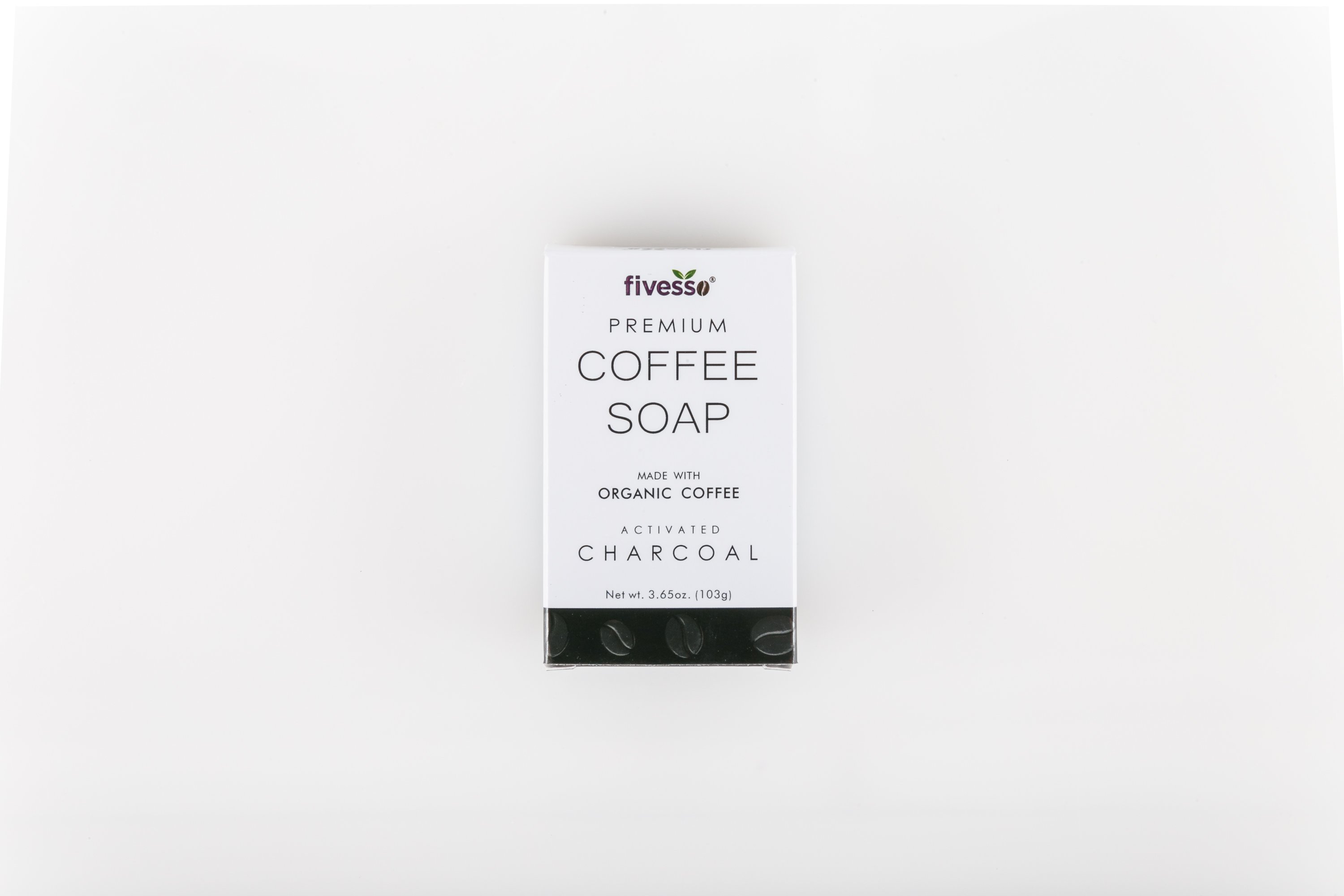 Fivesso Activated Charcoal Premium Coffee Soap Bar, showcasing its rich texture and organic ingredients, perfect for deep cleansing and exfoliation.
