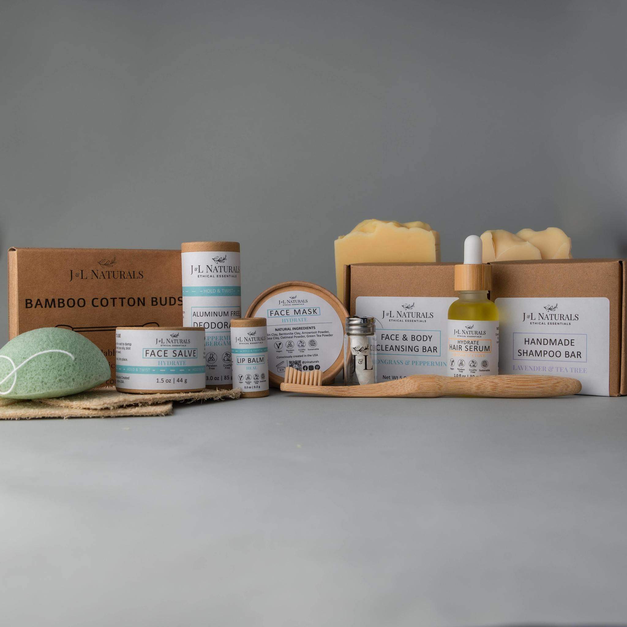 Advanced Self-Care Kit featuring 12 eco-friendly self-care products including cleansing bar, face mask, and bamboo toothbrush.