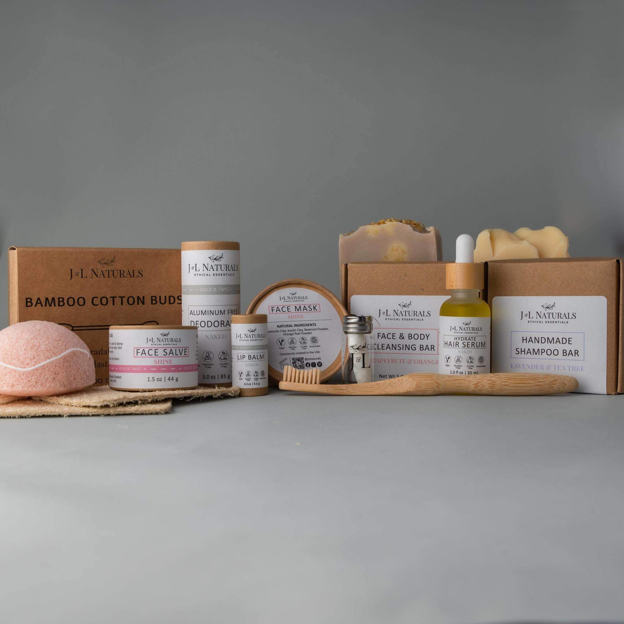 Advanced Self-Care Kit featuring 12 eco-friendly self-care products including cleansing bar, face mask, and bamboo toothbrush.