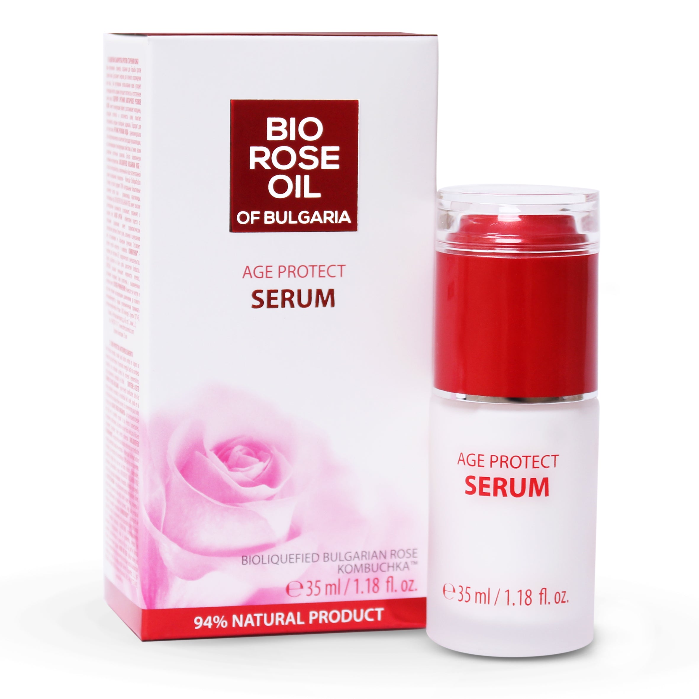 Age Protect Face Serum with Bio Rose Oil of Bulgaria in a 45ml bottle, showcasing its natural ingredients and luxurious formulation.
