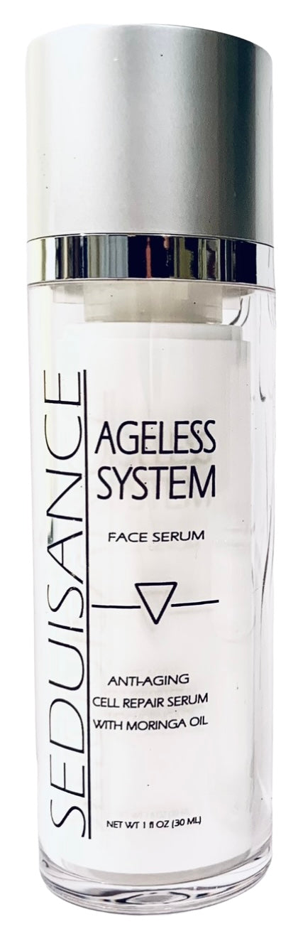 AGELESS SYSTEM FACE SERUM in a sleek 1 oz bottle, showcasing its lightweight and nourishing formula for youthful skin.