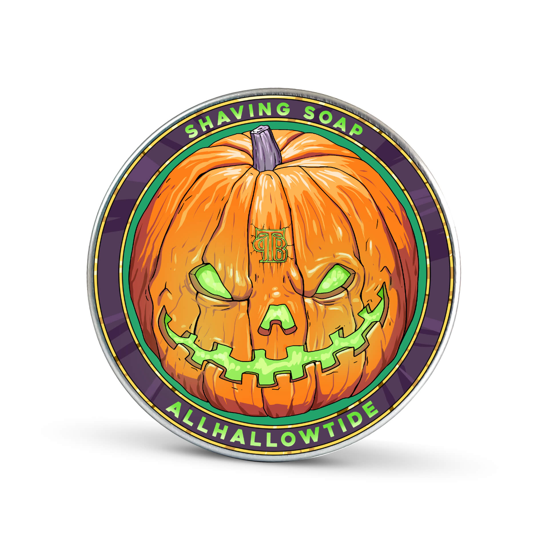 Allhallowtide Shaving Soap in a round shape, showcasing its rich texture and autumn-inspired packaging.