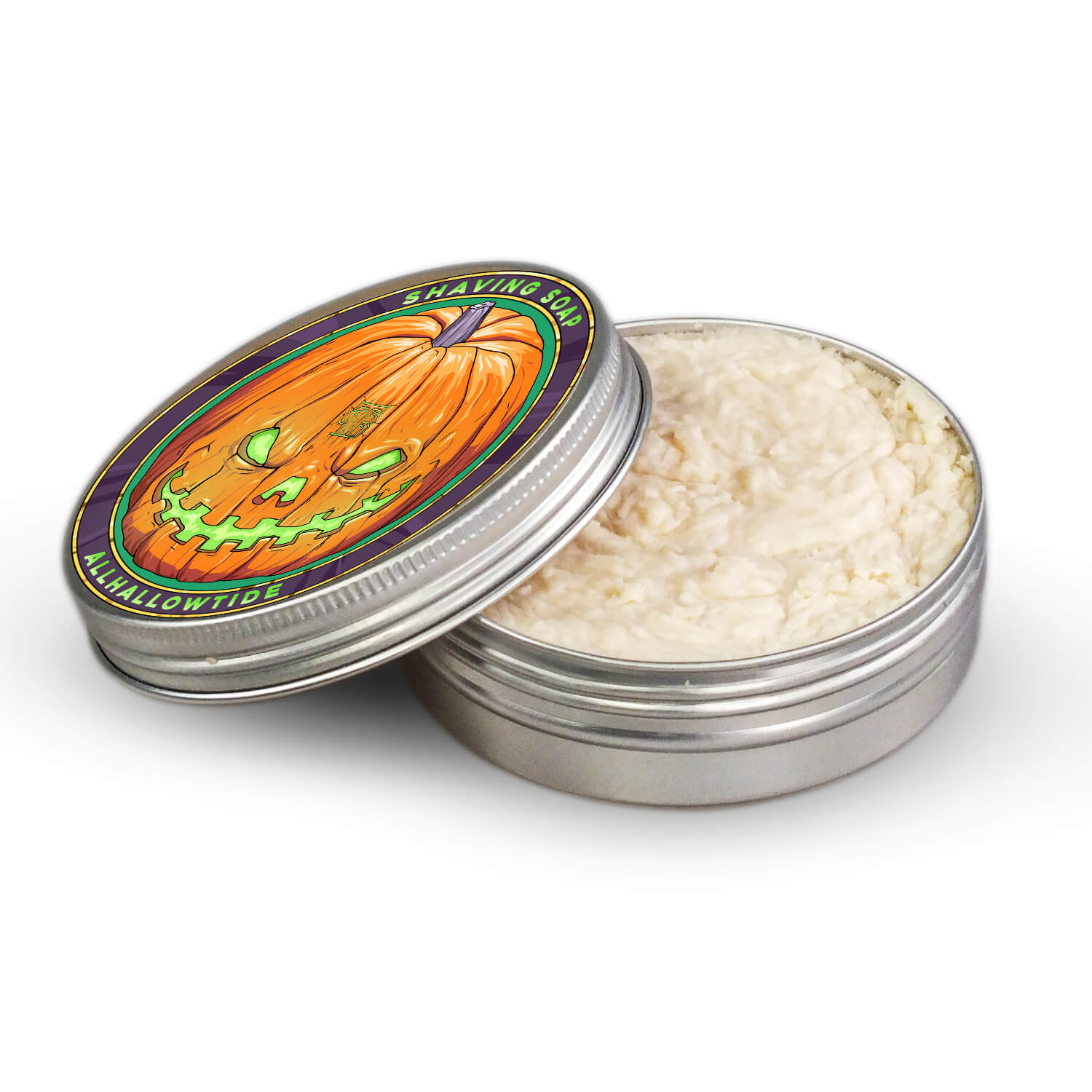 Allhallowtide Shaving Soap in a round shape, showcasing its rich texture and autumn-inspired packaging.