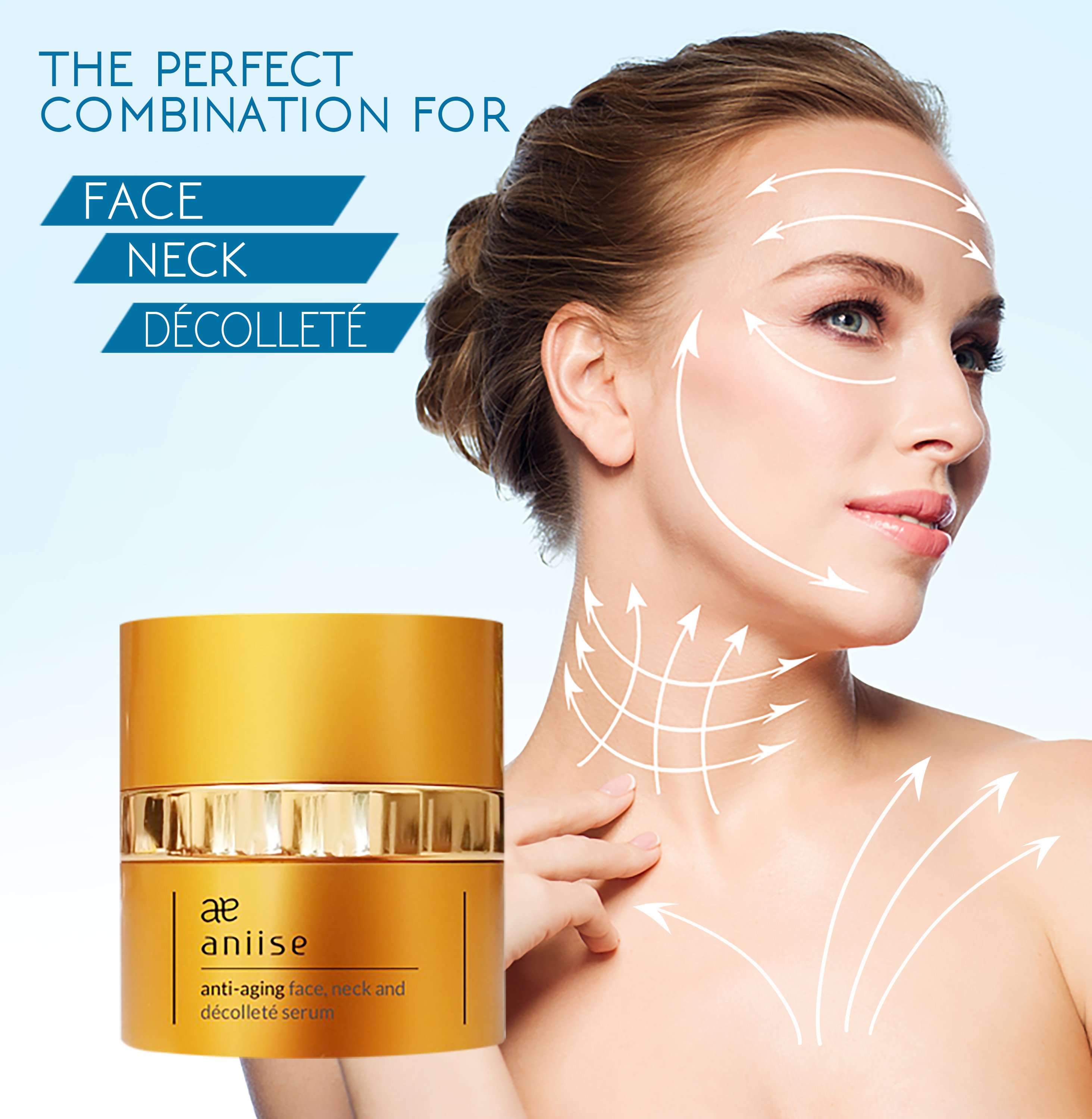 Aniise Anti-Aging Face, Neck, and Décolleté Serum bottle with natural ingredients displayed around it.