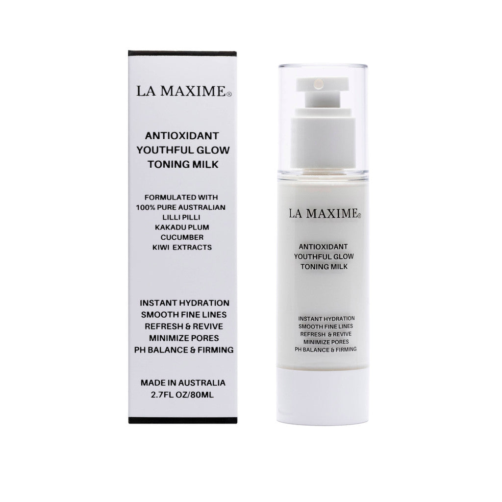 Antioxidant Youthful Glow Toning Milk Fine Spray Mist bottle with a fine mist spray nozzle, surrounded by natural ingredients like Kakadu Plum and Cucumber.