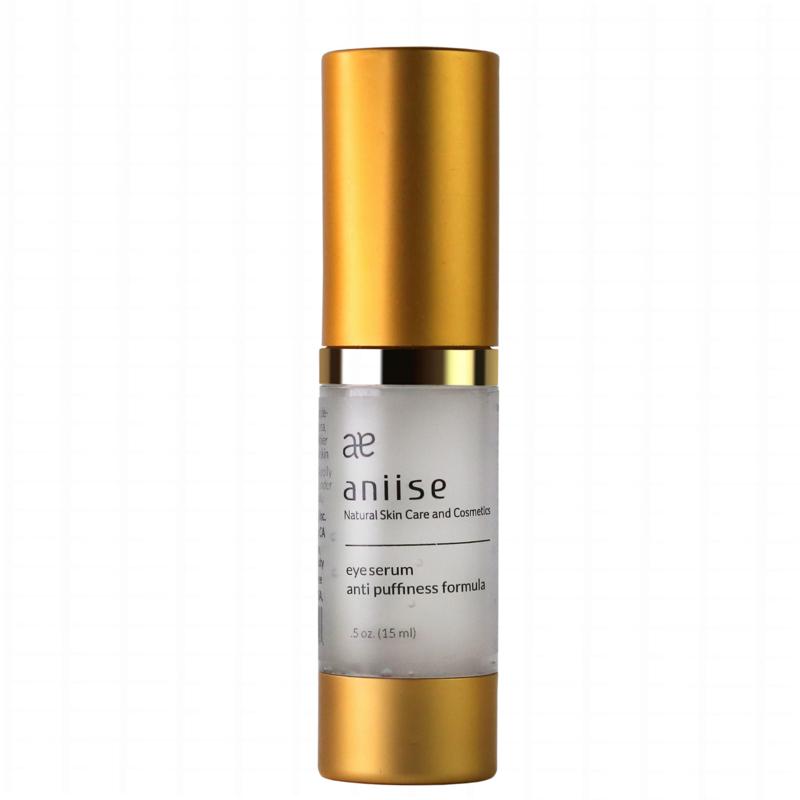 A bottle of Anti-Puffiness Eye Serum with a dropper, showcasing its sleek design and natural ingredients.