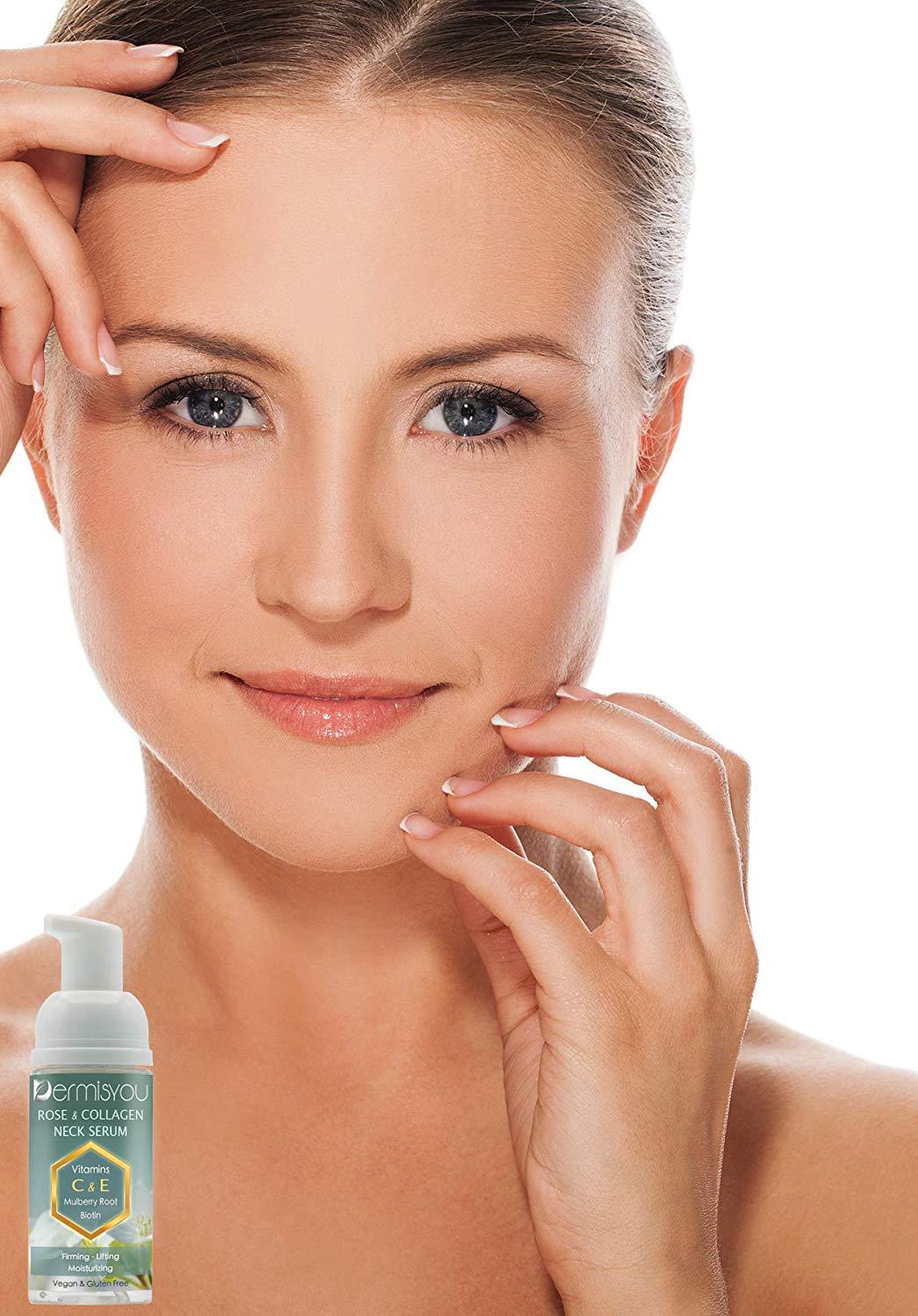 Anti-Wrinkle Neck & Décolleté Serum bottle with a sleek design, featuring a label highlighting collagen and rose water ingredients.