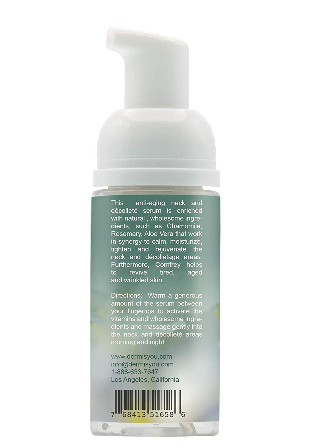 Anti-Wrinkle Neck & Décolleté Serum bottle with a sleek design, featuring a label highlighting collagen and rose water ingredients.