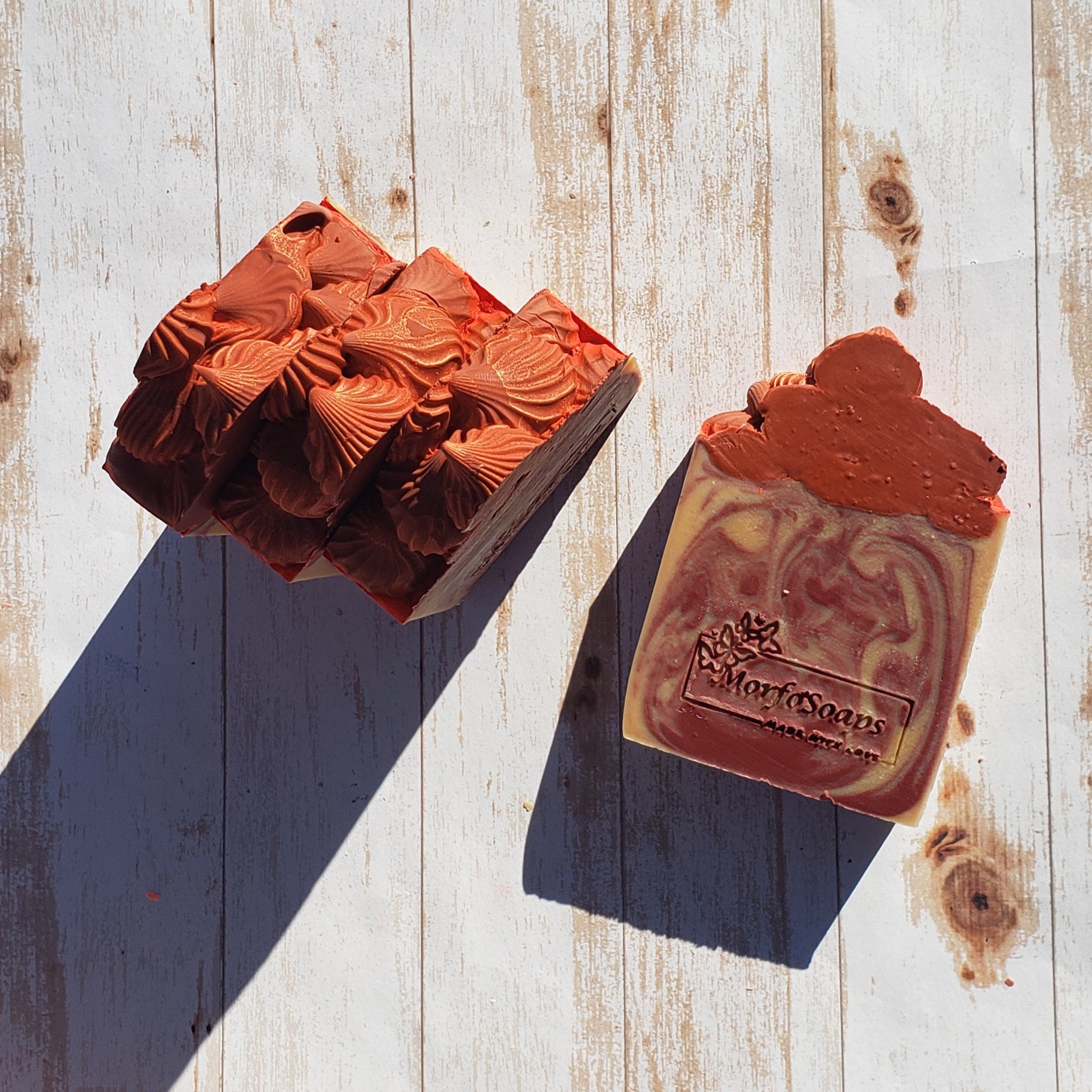 A bar of Morfosoaps Bay Leaf and Tobacco Soap showcasing its unique texture and earthy colors, perfect for a luxurious bathing experience.