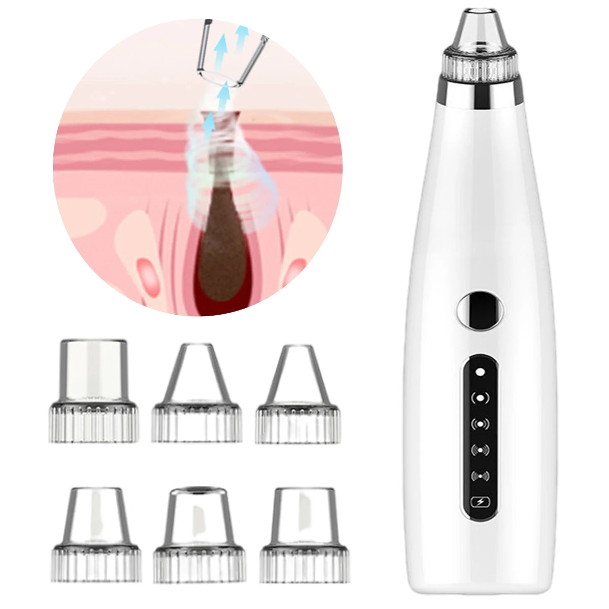 Blackhead Remover Electric Vacuum Suction Blemish Cleaner with USB charging cable and replacement tips displayed on a clean surface.