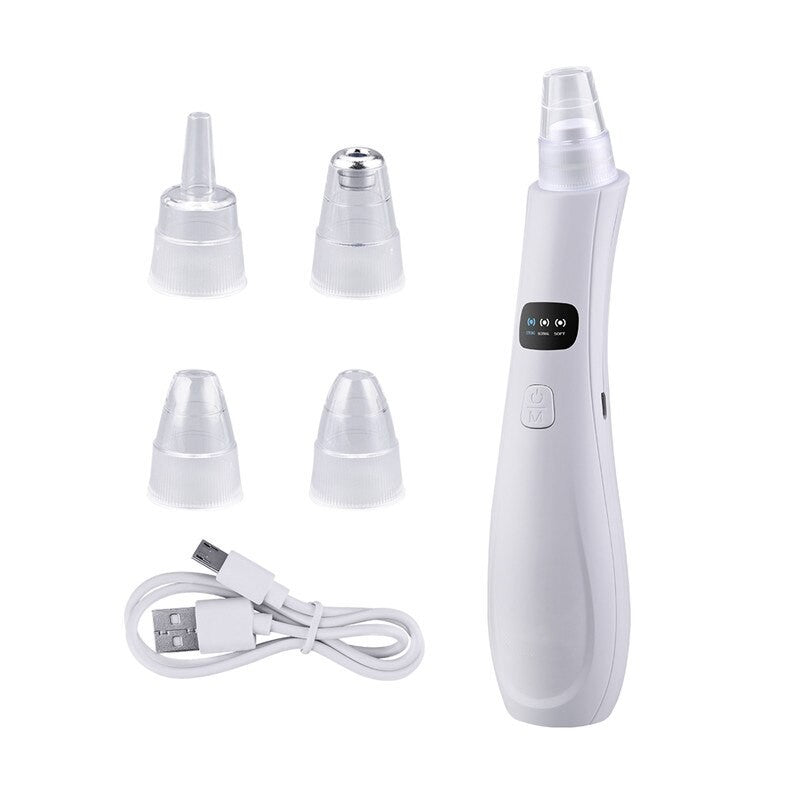 Blackhead remover device with multiple probes and USB charging cable, designed for deep cleaning and acne removal.