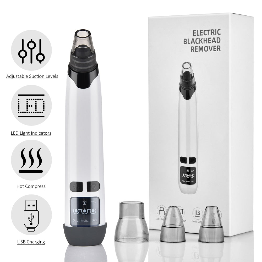 Blackhead Remover USB Facial Cleansing tool with adjustable suction levels and multiple heads for effective acne removal.
