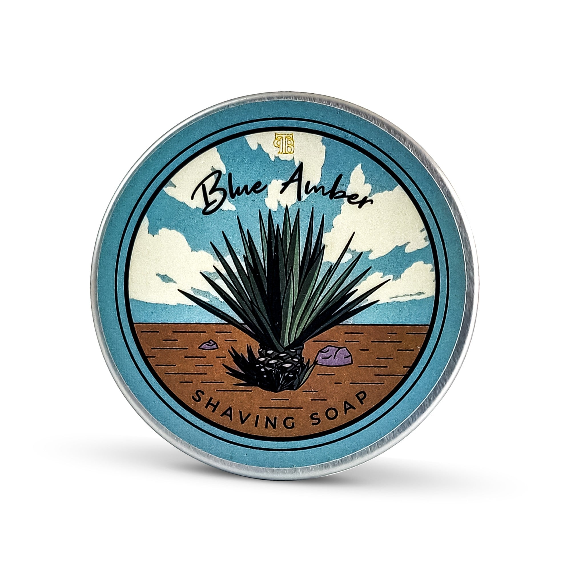 Blue Amber Shaving Soap in a round container, showcasing its rich texture and vibrant color, perfect for a luxurious shaving experience.