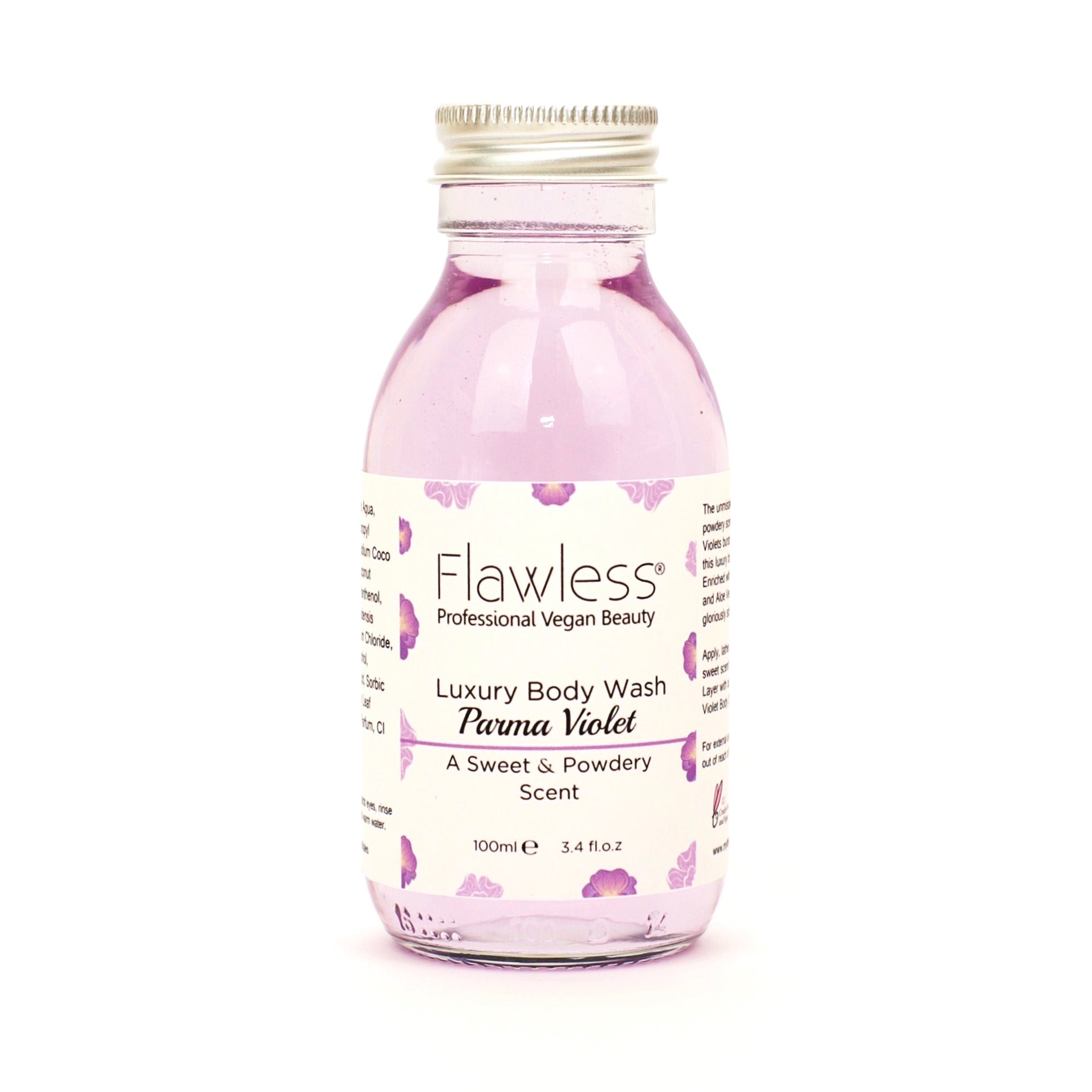 A luxurious Parma Violet body wash in a recycled glass bottle with an aluminum lid, showcasing its creamy texture and vibrant color.