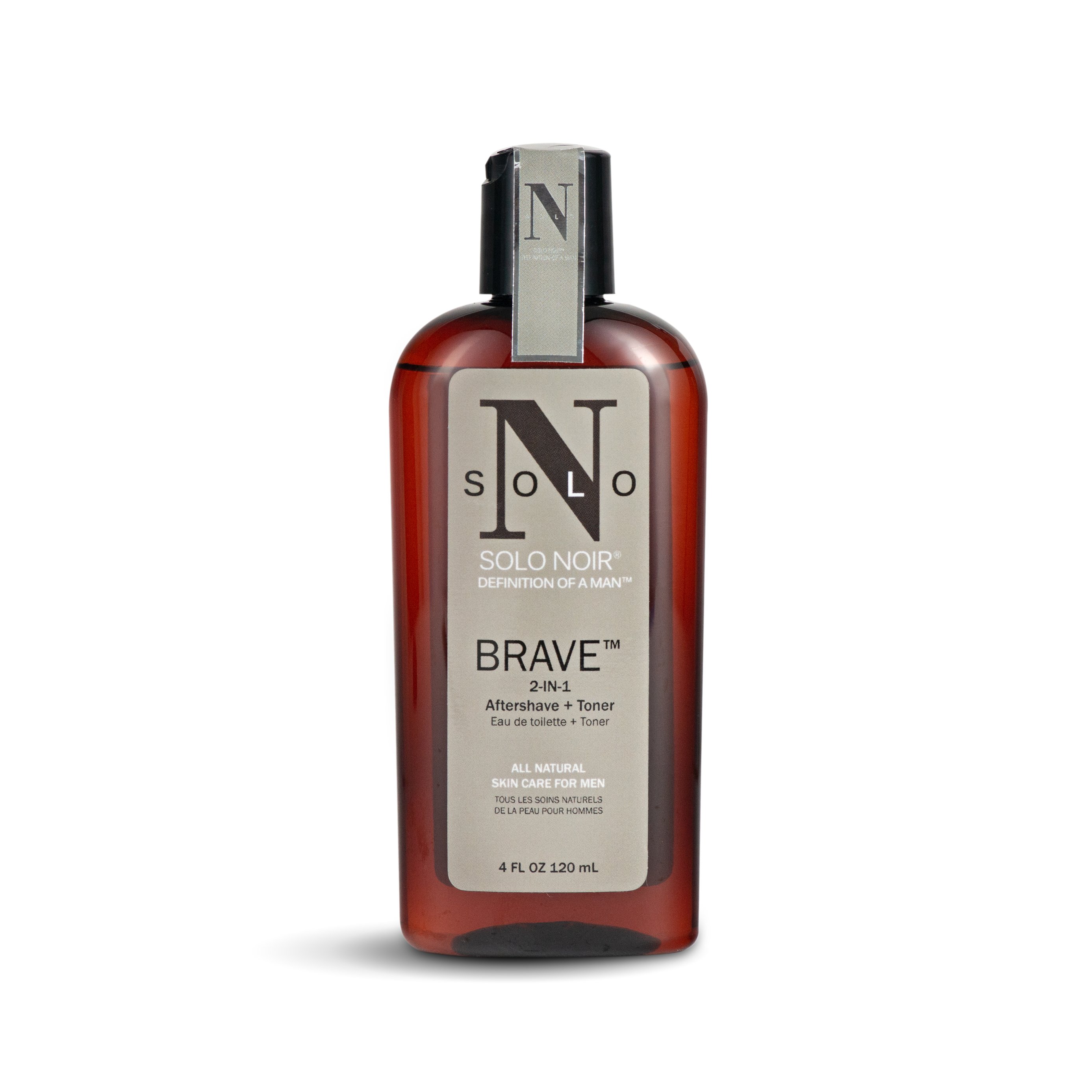 BRAVE™ Aftershave + Toner bottle with natural ingredients like aloe vera and tea tree oil, designed for soothing sensitive skin.