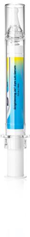 Brightening 30x Eye Lift Serum in a syringe, showcasing its sleek design and hydrating formula for youthful skin.