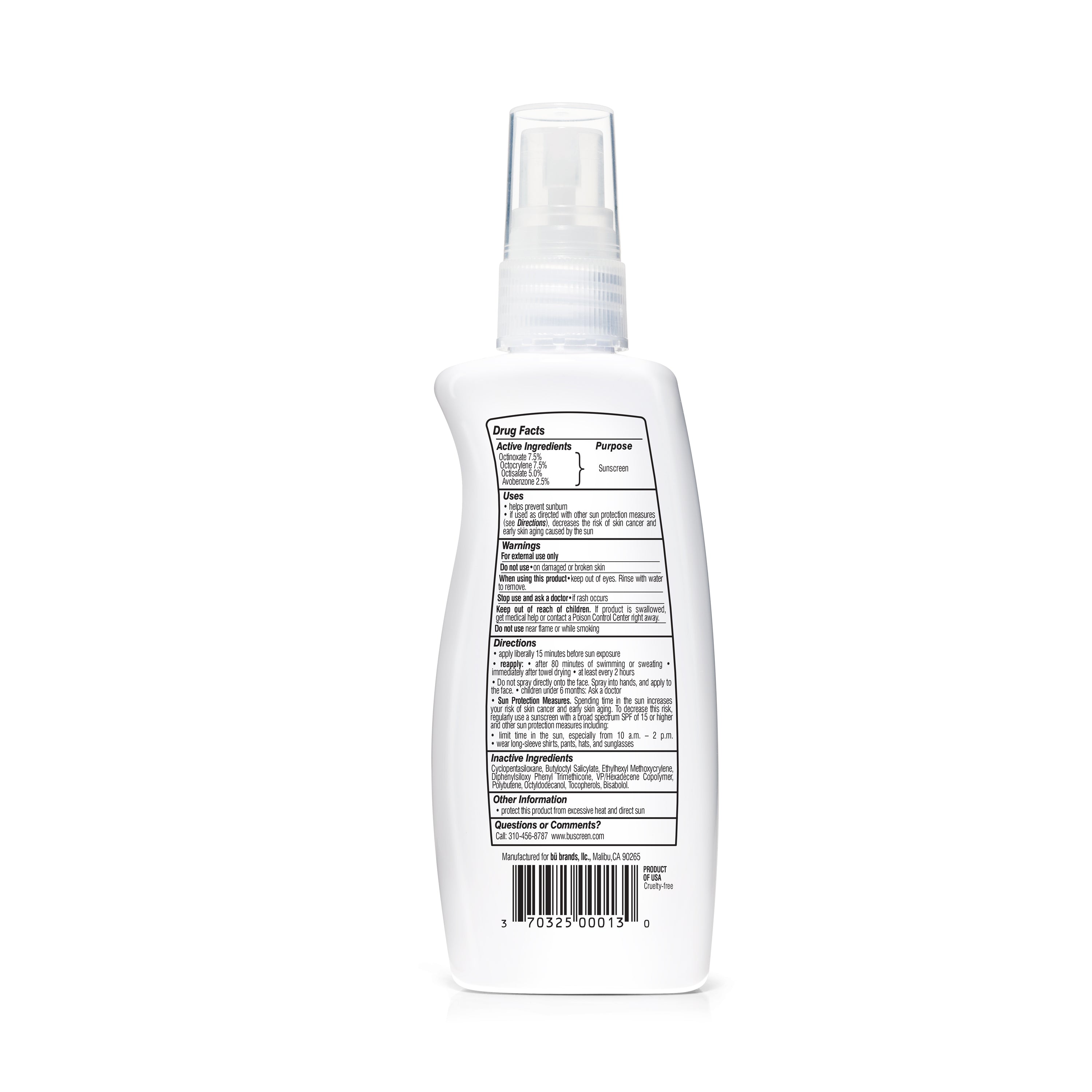 Bu SPF 30 Ultrafine WOWmist Sunscreen in a recyclable spray bottle, showcasing its lightweight and eco-friendly design.