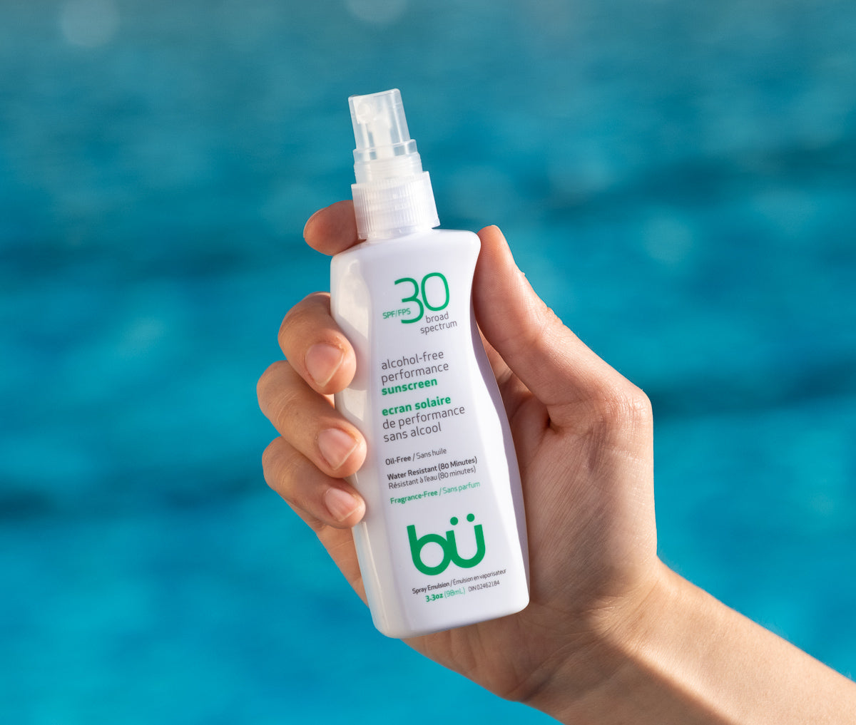 Bu SPF 30 Ultrafine WOWmist Sunscreen in a recyclable spray bottle, showcasing its lightweight and eco-friendly design.