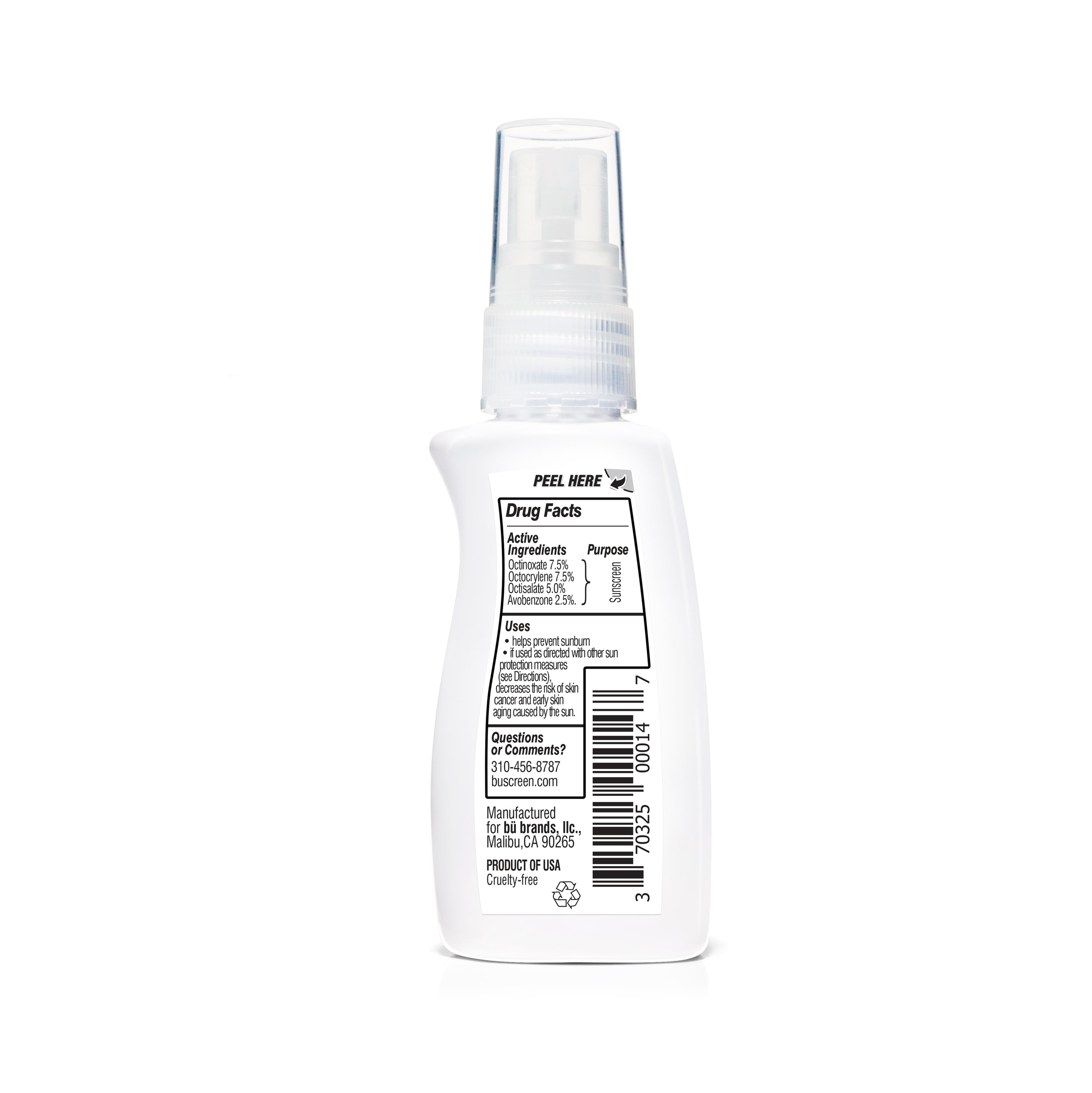 Bu SPF 30 Ultrafine WOWmist Sunscreen in a recyclable spray bottle, showcasing its lightweight and eco-friendly design.
