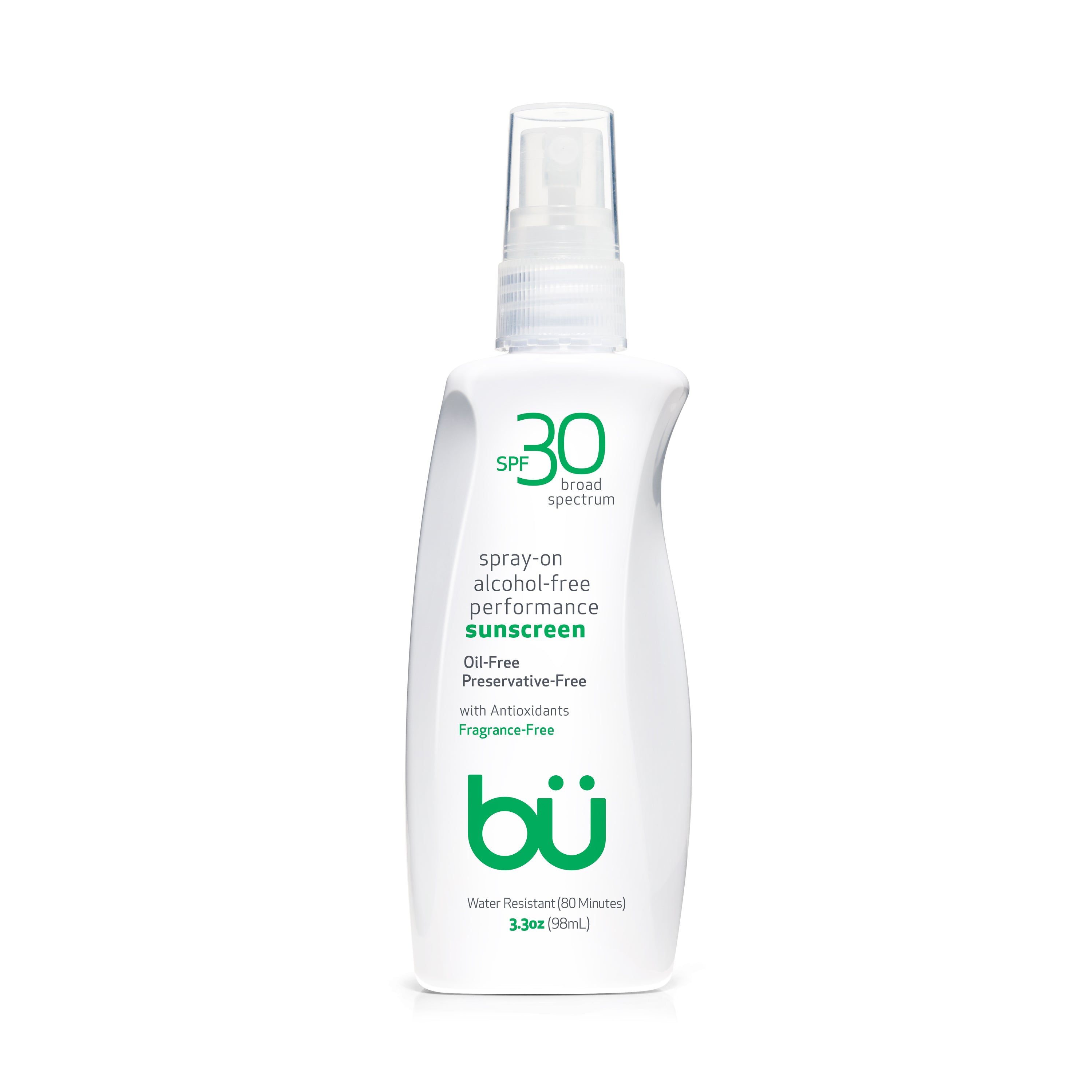 Bu SPF 30 Ultrafine WOWmist Sunscreen in a recyclable spray bottle, showcasing its lightweight and eco-friendly design.