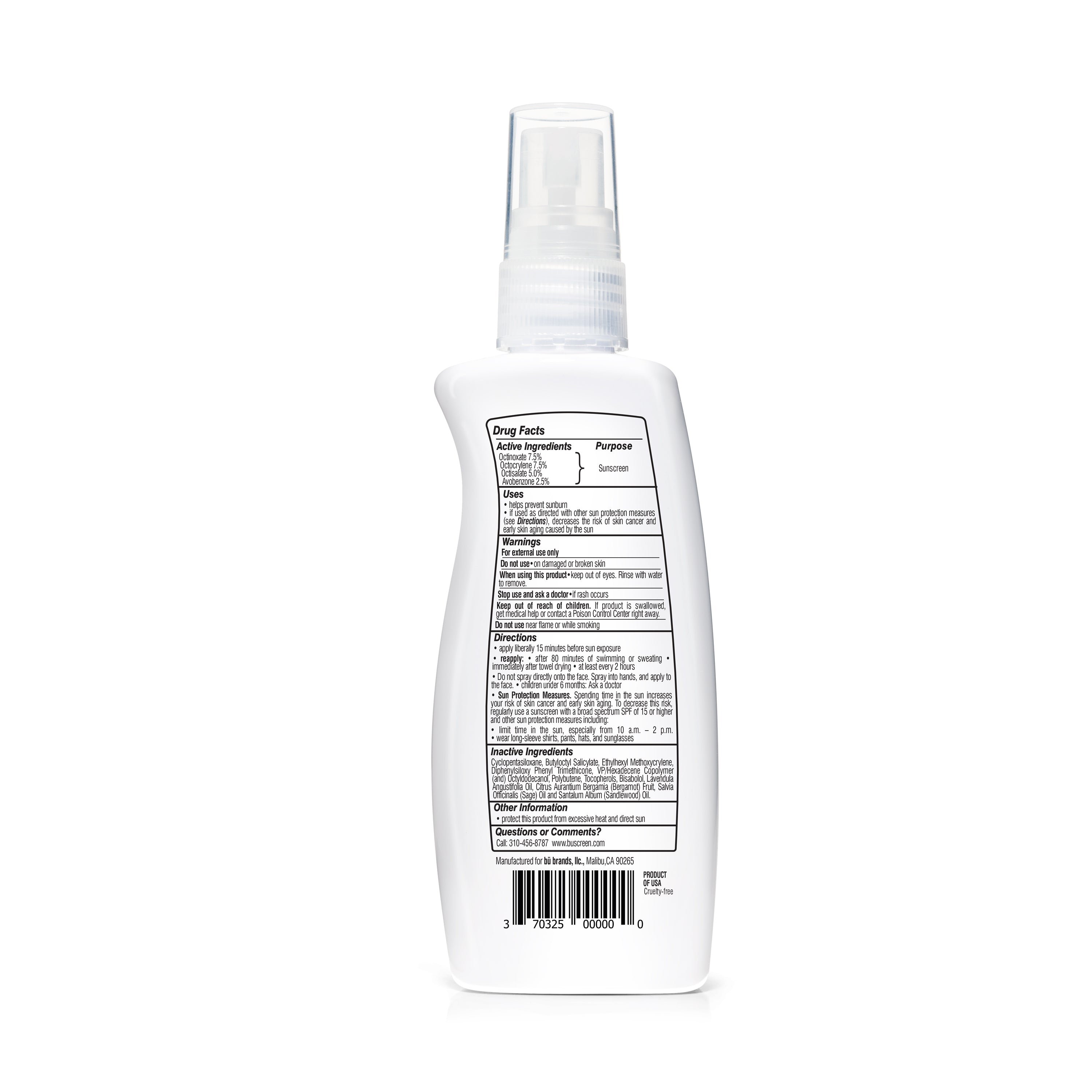 Bu SPF 30 Ultrafine WOWmist Sunscreen in a TSA-compliant spray bottle, featuring a fresh white sage essence.