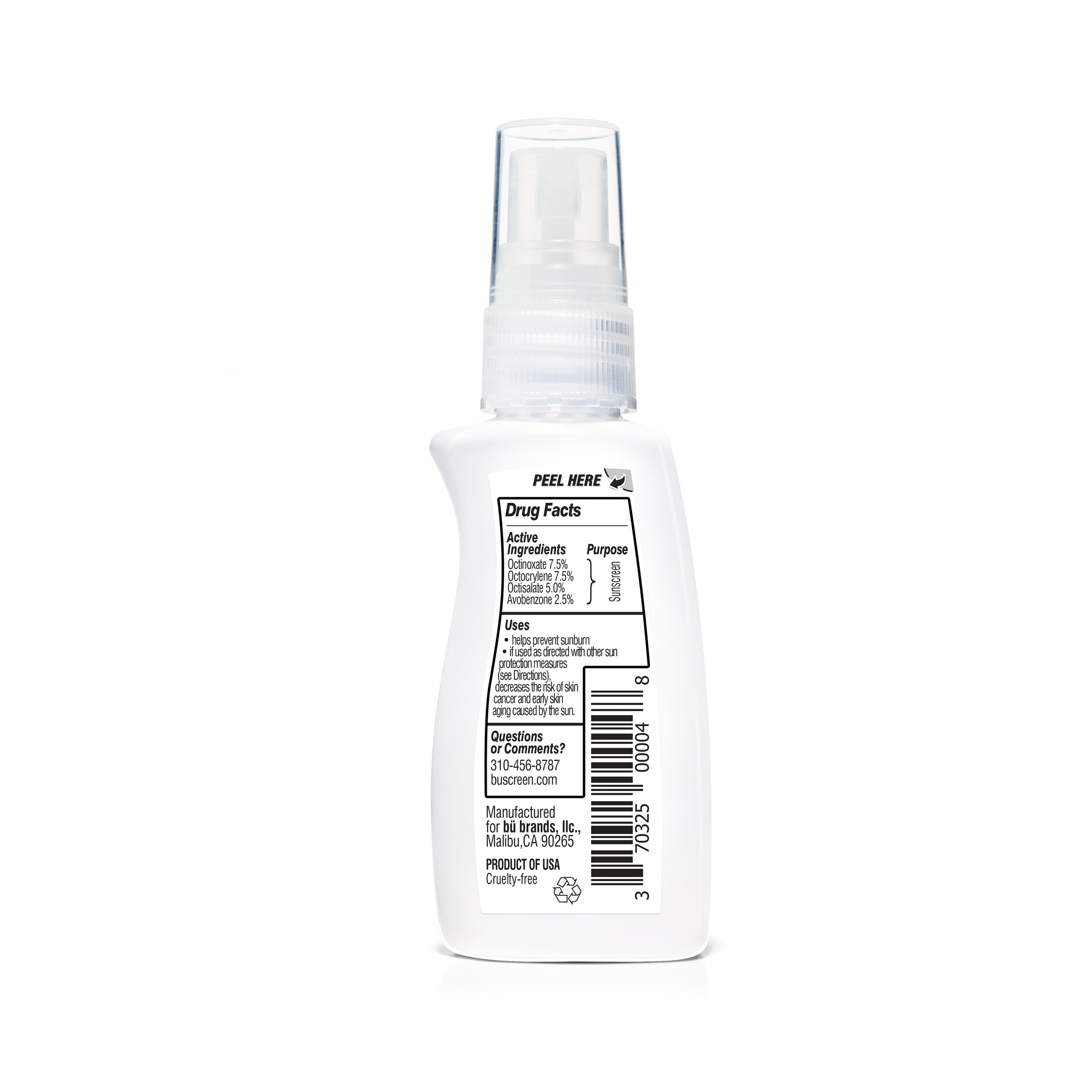 Bu SPF 30 Ultrafine WOWmist Sunscreen in a TSA-compliant spray bottle, featuring a fresh white sage essence.