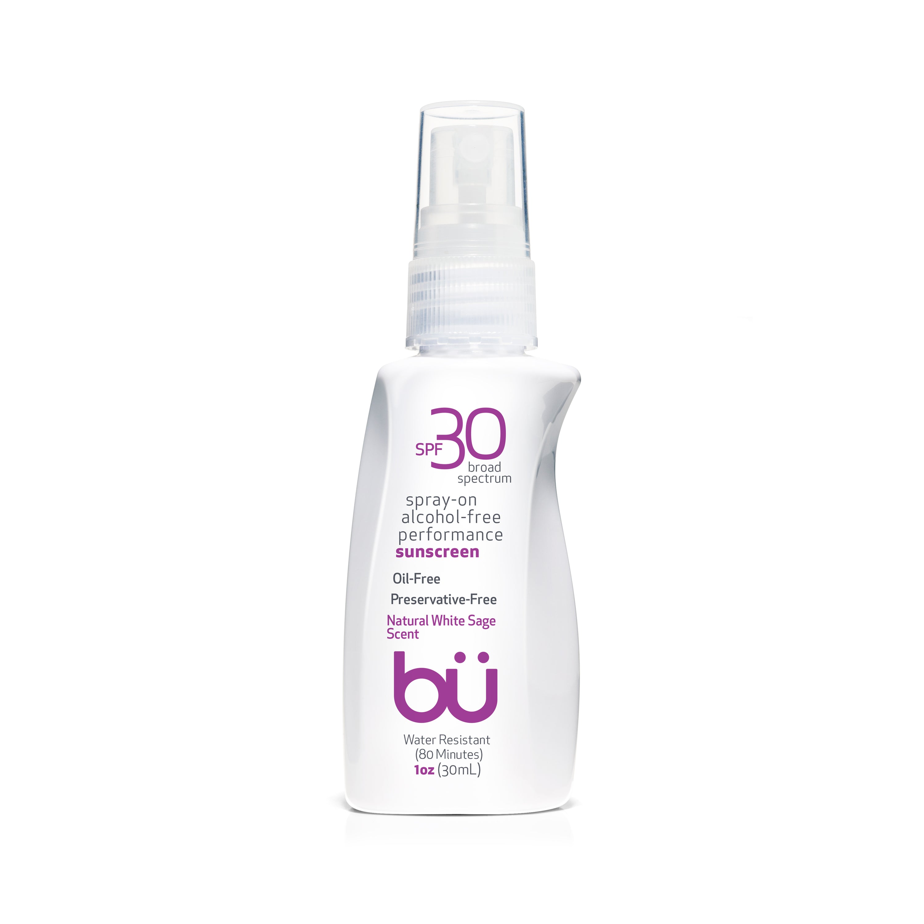 Bu SPF 30 Ultrafine WOWmist Sunscreen in a TSA-compliant spray bottle, featuring a fresh white sage essence.