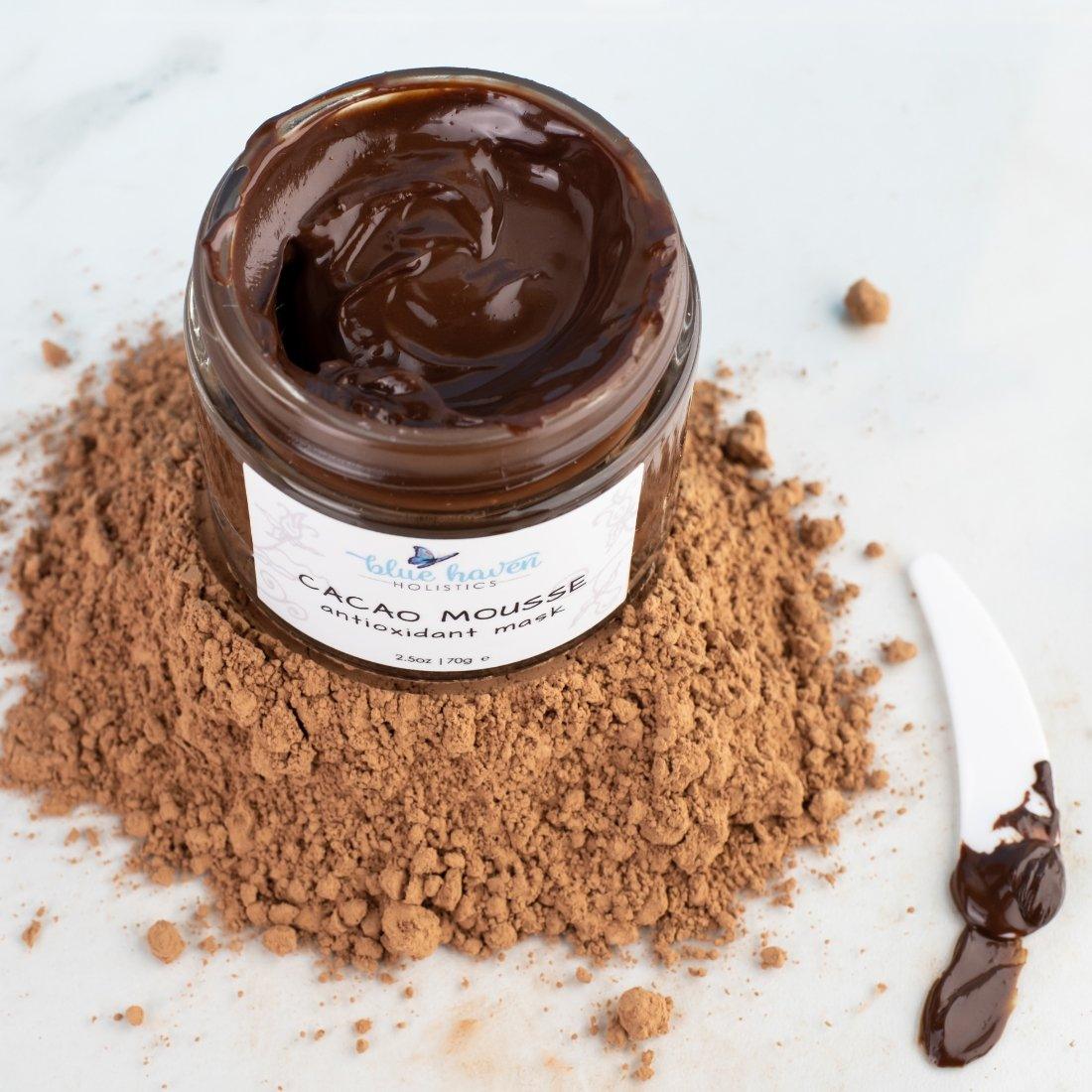 Cacao Mousse Antioxidant Face Mask in a jar, showcasing its rich, creamy texture and natural ingredients.