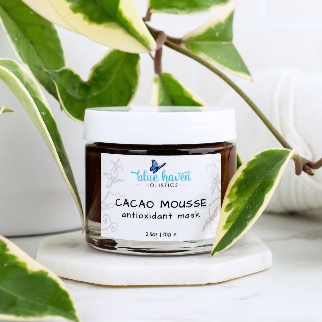 Cacao Mousse Antioxidant Face Mask in a jar, showcasing its rich, creamy texture and natural ingredients.