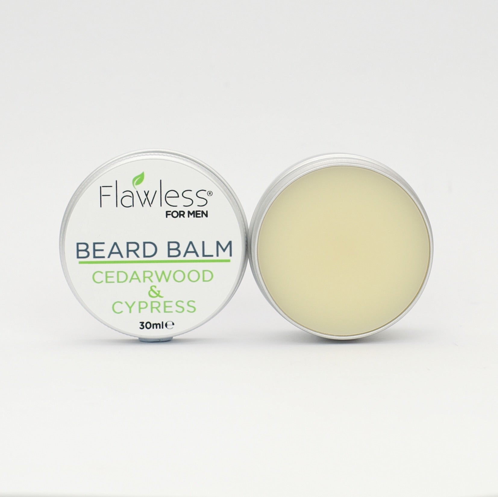 Cedarwood Vegan Beard Balm in a 30ml recycled aluminium pot, showcasing its creamy texture and natural ingredients.
