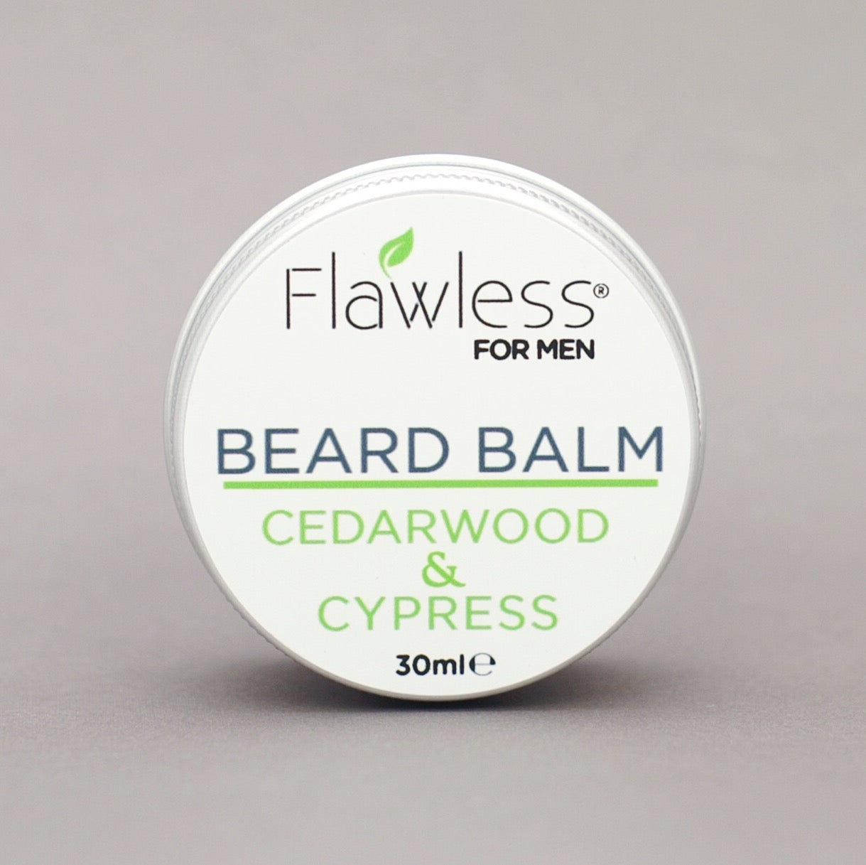 Cedarwood Vegan Beard Balm in a 30ml recycled aluminium pot, showcasing its creamy texture and natural ingredients.