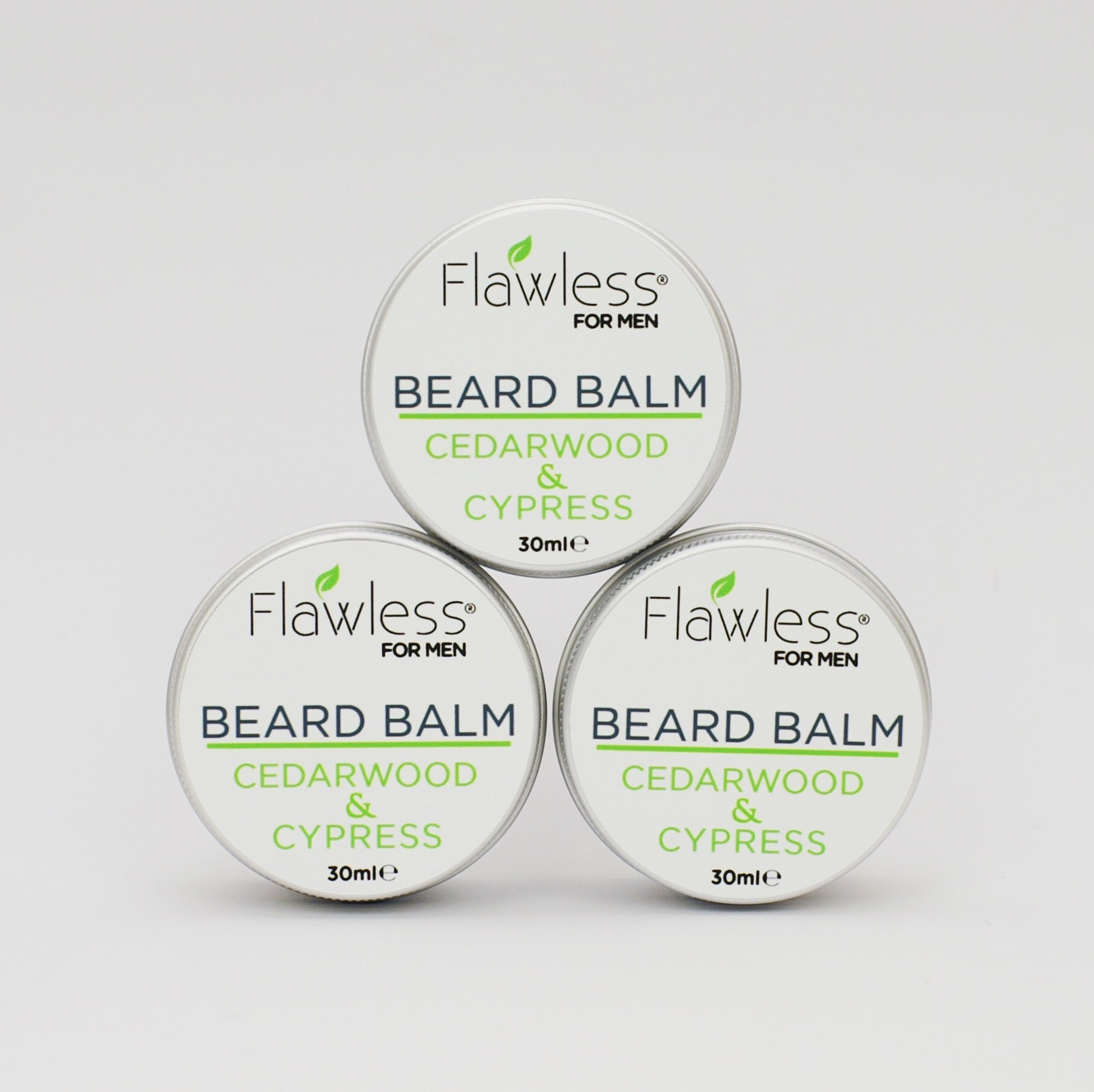 Cedarwood Vegan Beard Balm in a 30ml recycled aluminium pot, showcasing its creamy texture and natural ingredients.