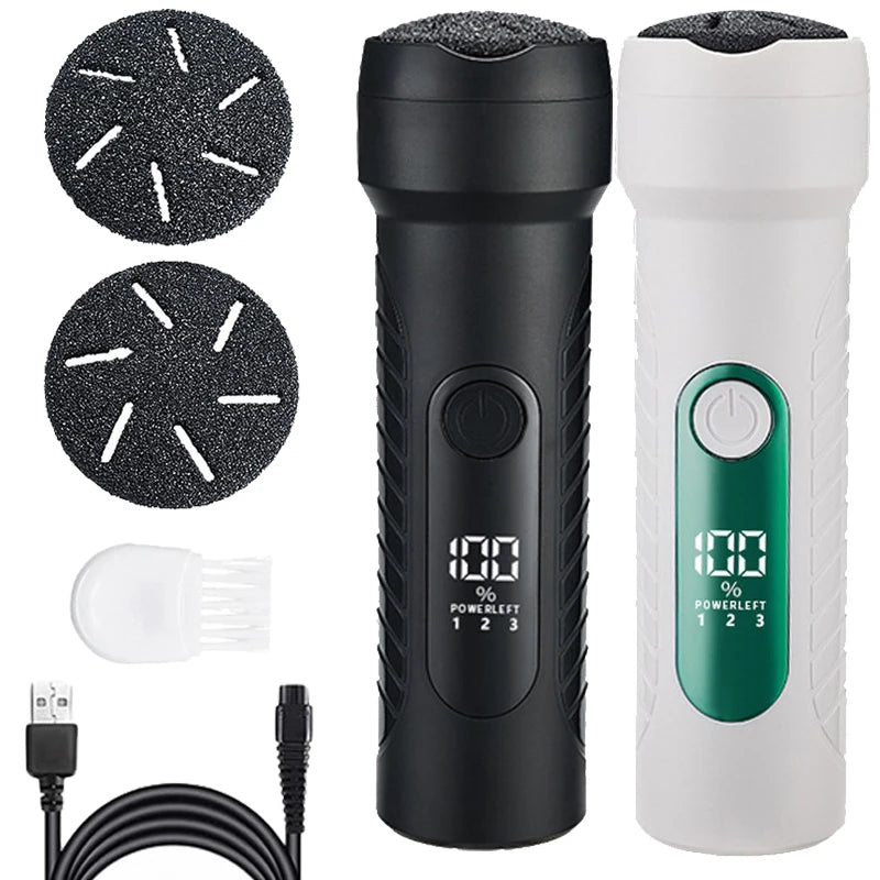 Charged Electric Foot File in green and black, showcasing its ergonomic design and three interchangeable grinding heads.