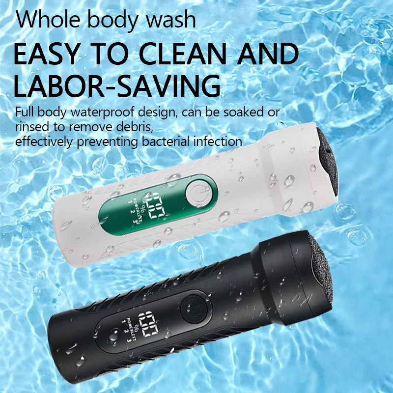 Charged Electric Foot File in green and black, showcasing its ergonomic design and three interchangeable grinding heads.