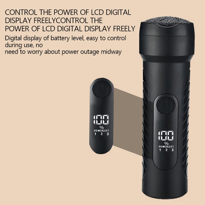 Charged Electric Foot File in green and black, showcasing its ergonomic design and three interchangeable grinding heads.