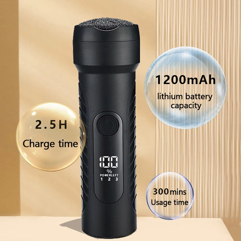 Charged Electric Foot File in green and black, showcasing its ergonomic design and three interchangeable grinding heads.