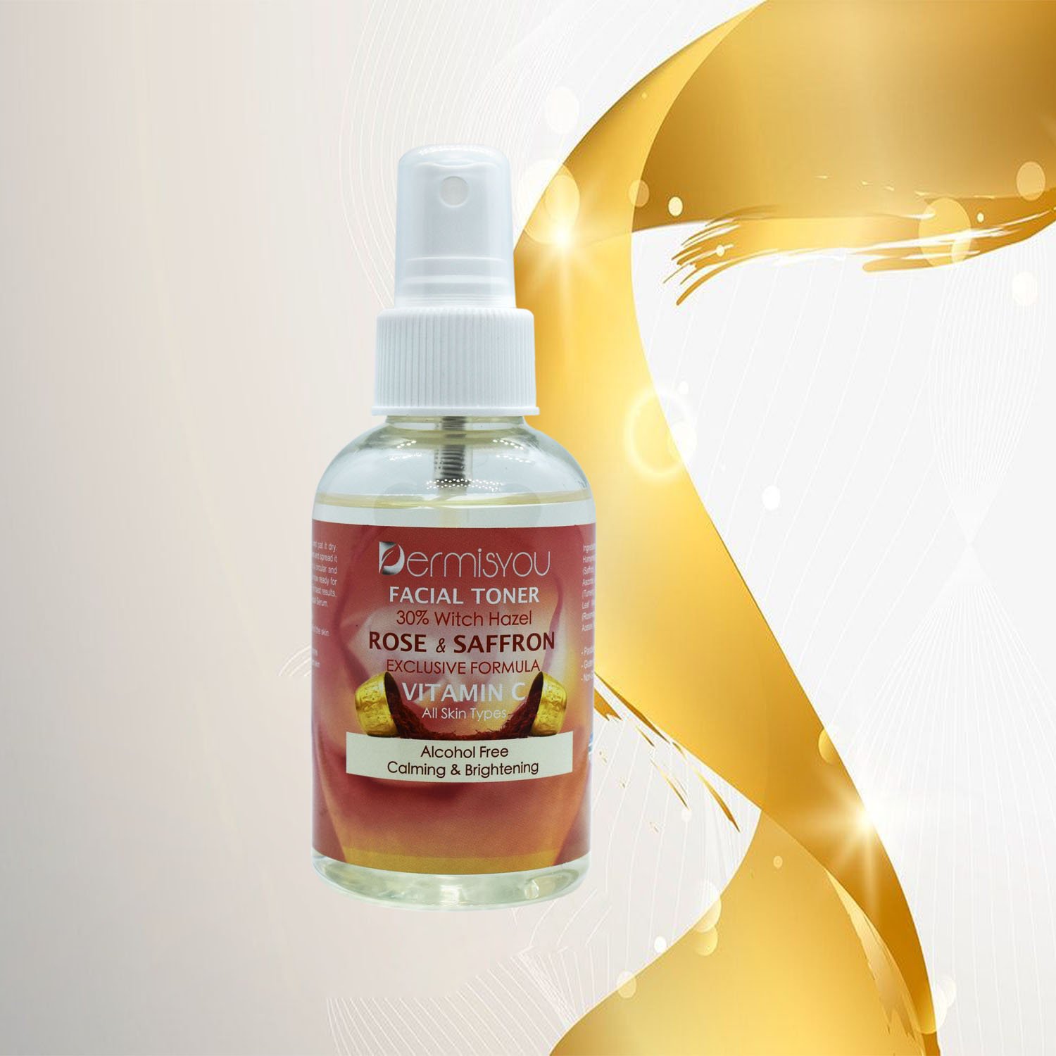 Cleansing & Hydrating Facial Toner with Saffron and Rose Water in a sleek bottle, showcasing its natural ingredients and refreshing essence.