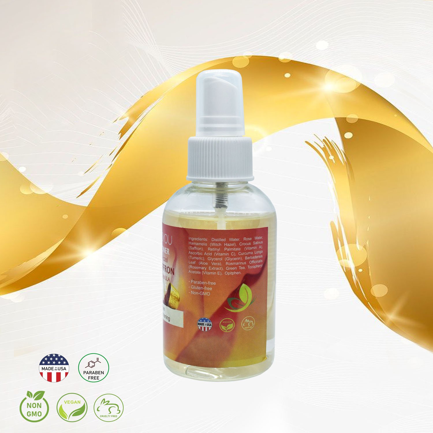 Cleansing & Hydrating Facial Toner with Saffron and Rose Water in a sleek bottle, showcasing its natural ingredients and refreshing essence.