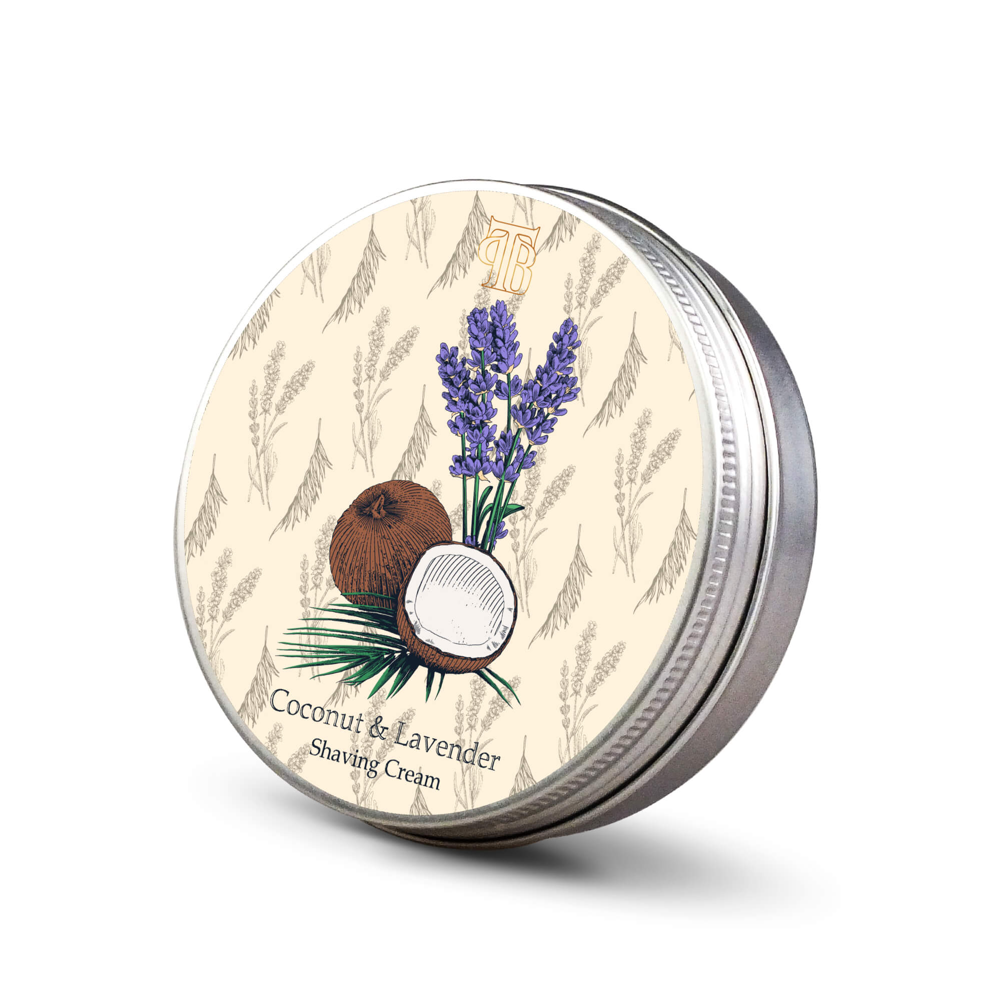 A jar of Coconut & Lavender Shaving Cream showcasing its creamy texture and natural ingredients, perfect for a smooth shave.