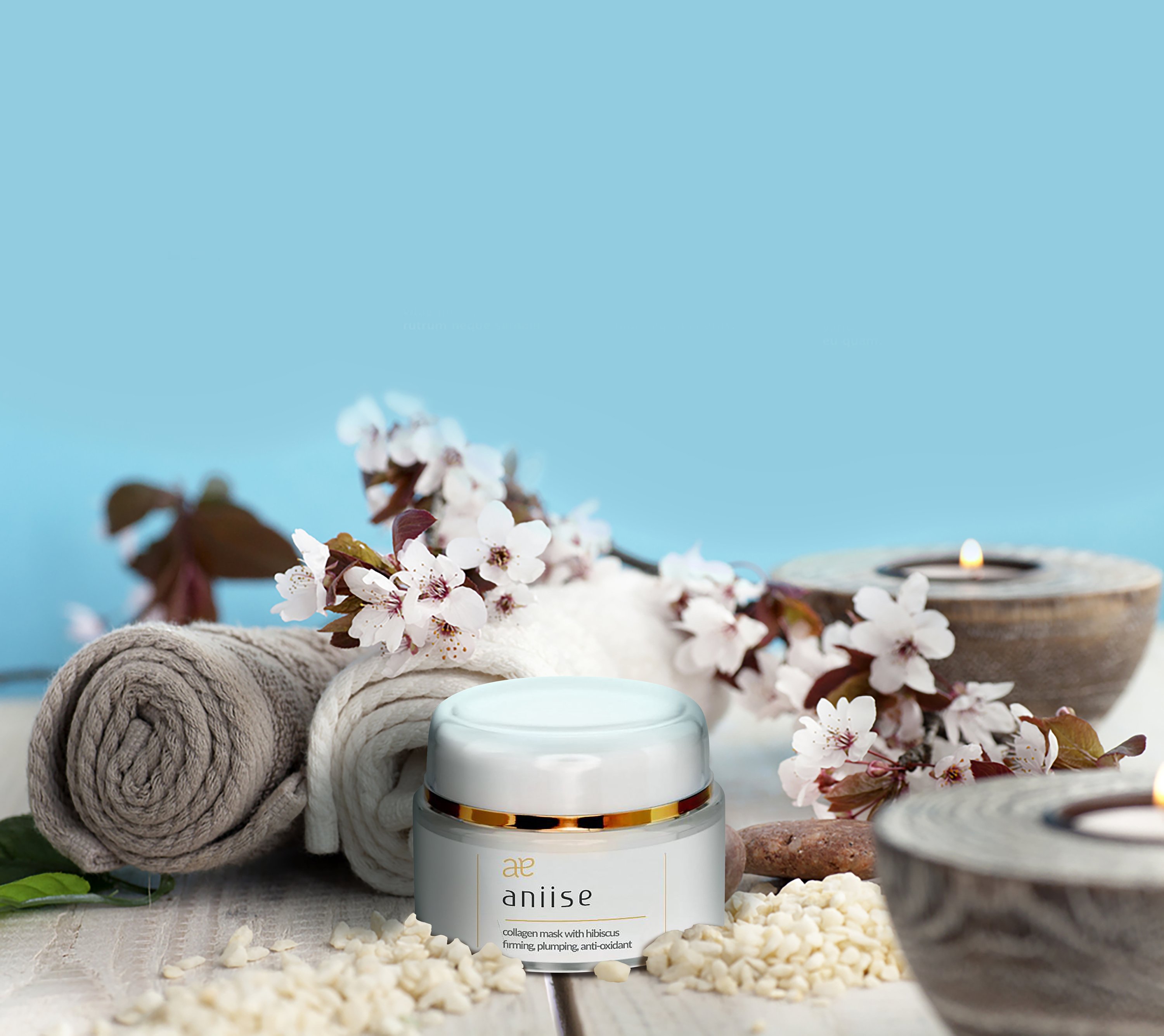 Collagen Facial Mask with Hibiscus in a jar, showcasing its creamy texture and vibrant color, surrounded by hibiscus flowers and natural ingredients.