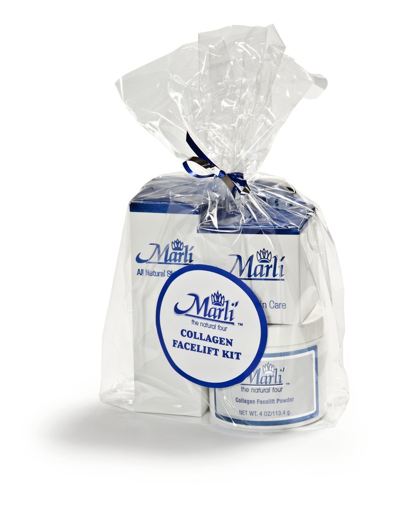 Marli's Collagen Lifting Facial Kit showcasing the face lift powder, liquid, and revitalizing moisturizer for youthful skin.