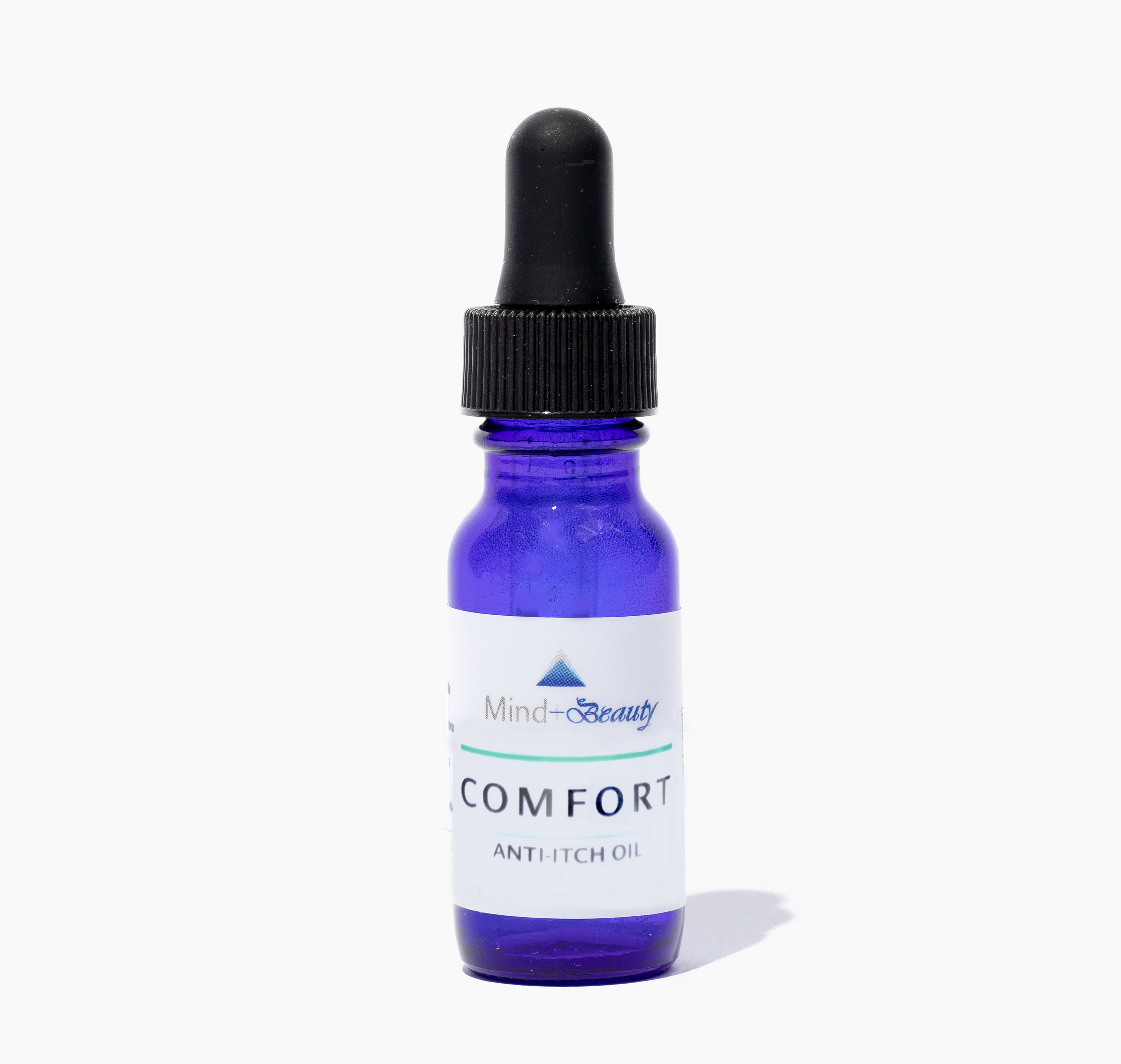 Bottle of Comfort Oil with a soothing blend of natural oils for anti-itch relief, featuring a calming design.