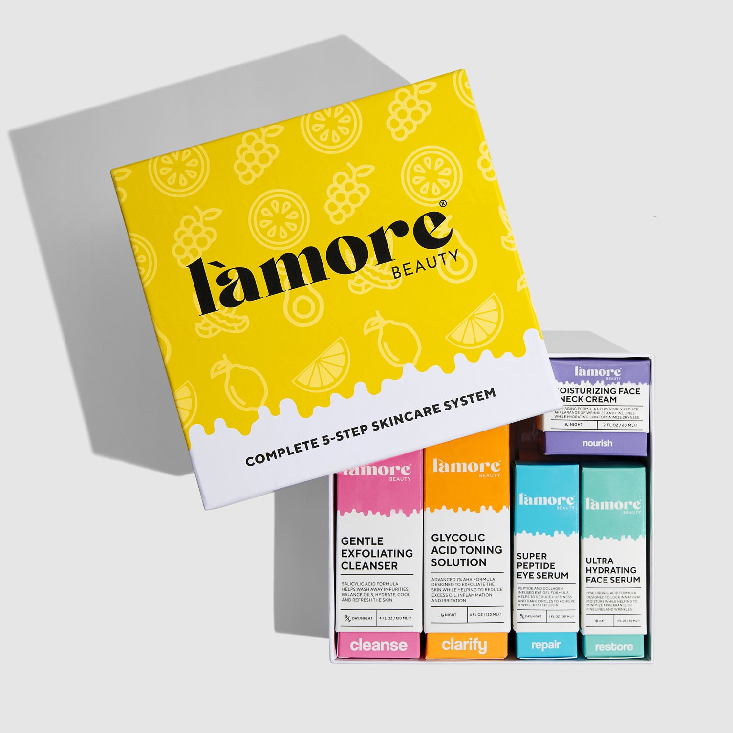 L'amore Complete 5-Step Skincare System featuring five skincare products including cleanser, toner, serum, eye serum, and moisturizer.