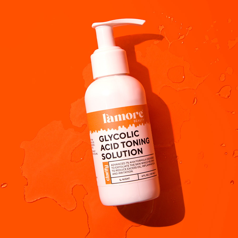 L'amore Complete 5-Step Skincare System featuring five skincare products including cleanser, toner, serum, eye serum, and moisturizer.